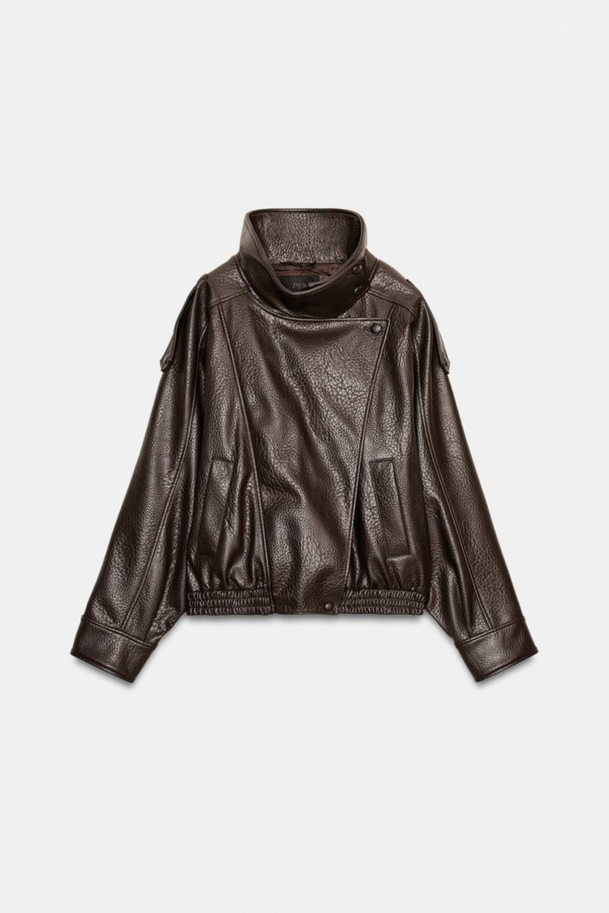 Faux Leather Jacket Brown Funnel Neck Women