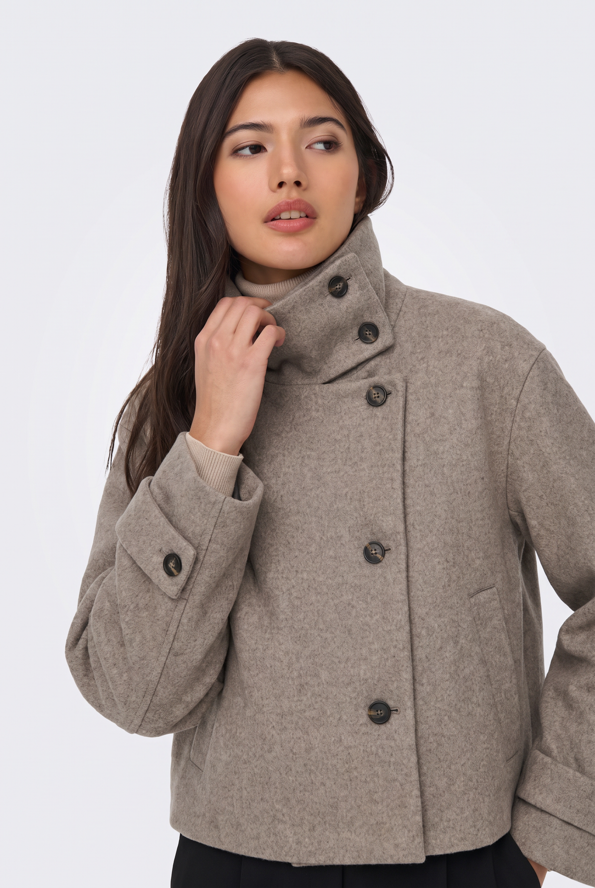 Wool Camel Jacket Cropped Funnel Neck Women