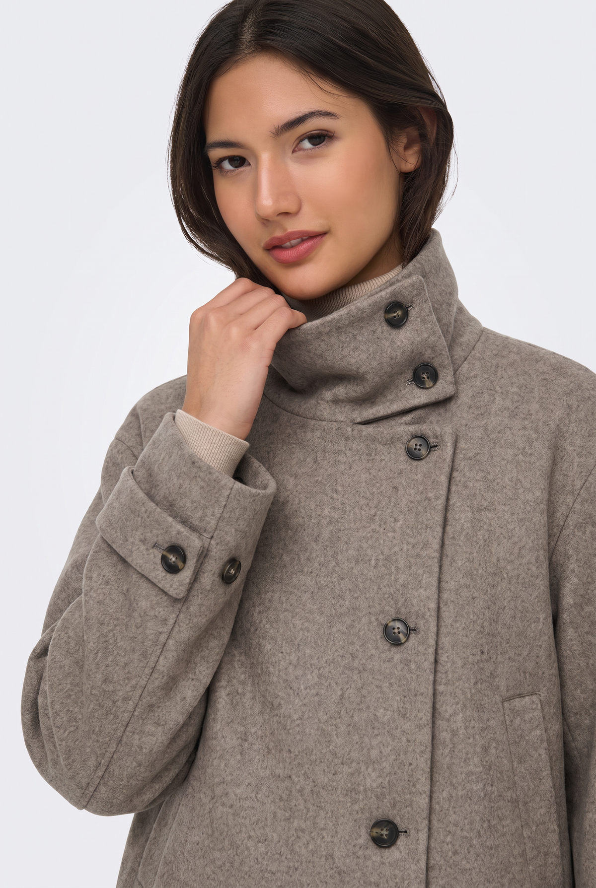 Wool Camel Jacket Cropped Funnel Neck Women