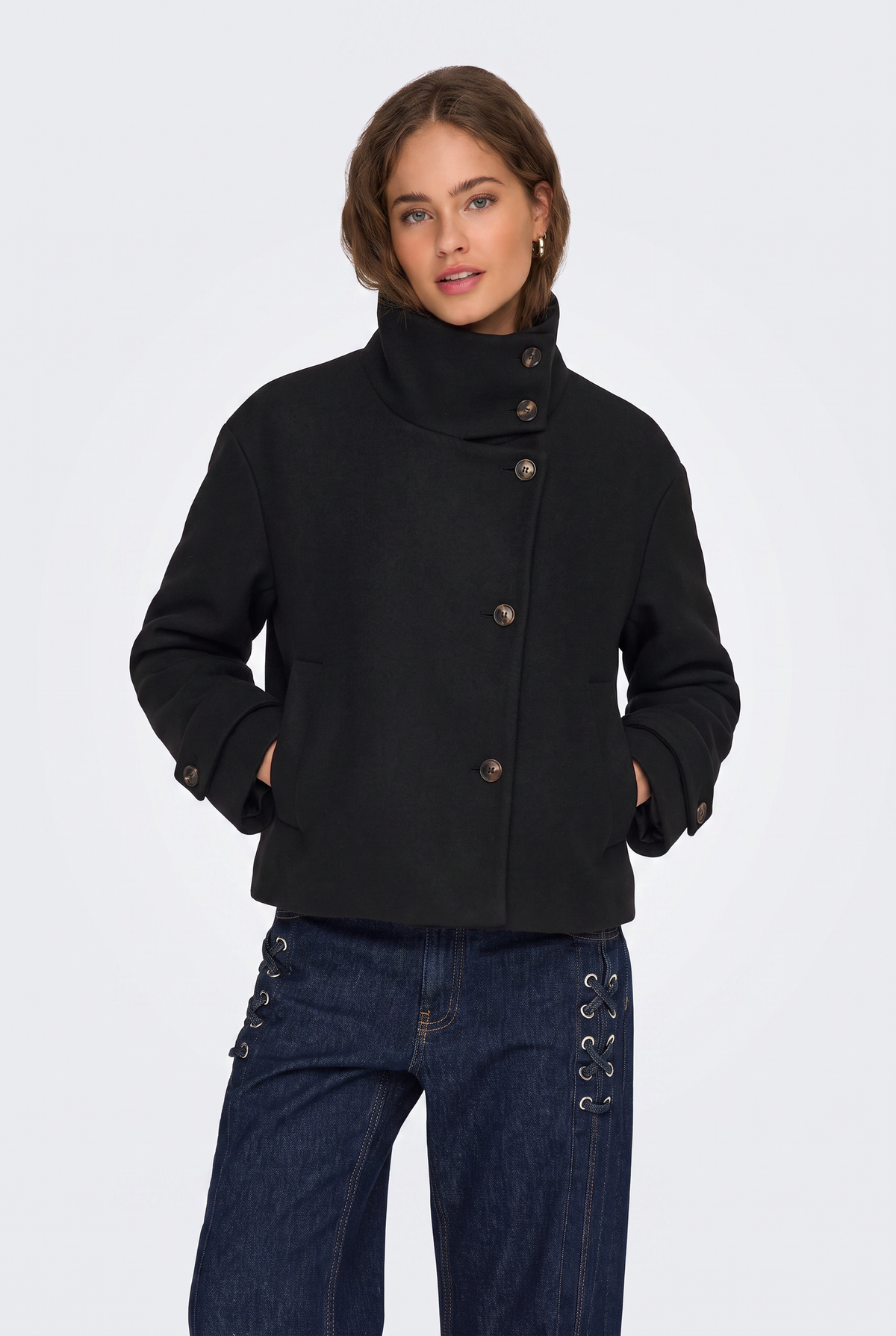 Wool Black Jacket Cropped Funnel Neck Women