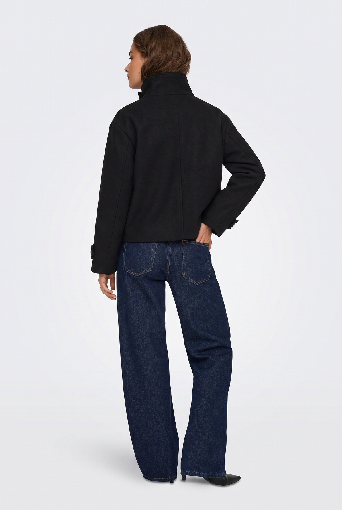 Wool Black Jacket Cropped Funnel Neck Women