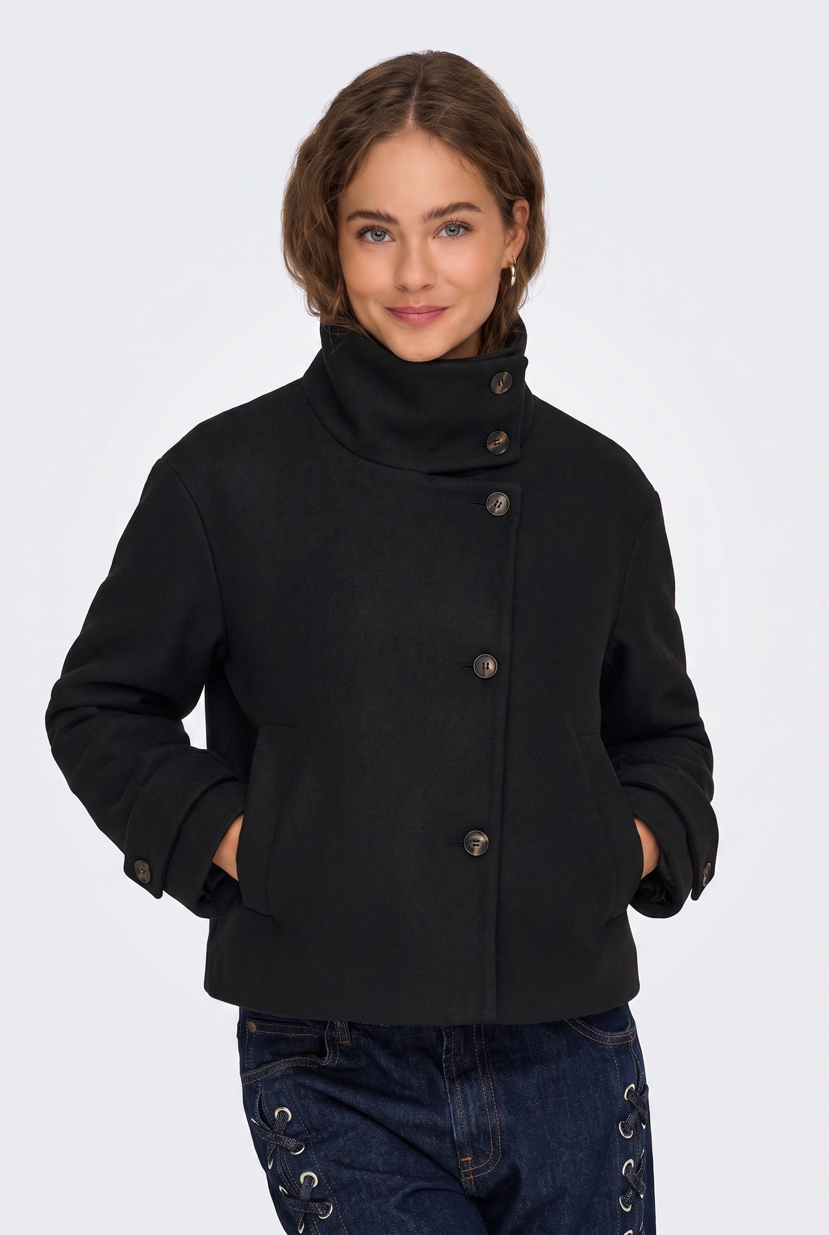 Wool Black Jacket Cropped Funnel Neck Women