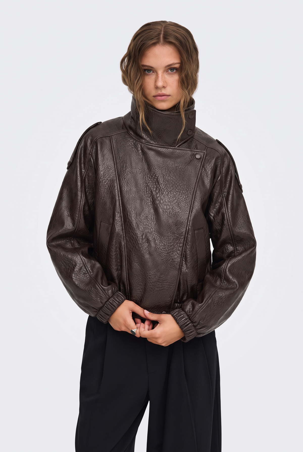 Faux Leather Jacket Brown Funnel Neck Women