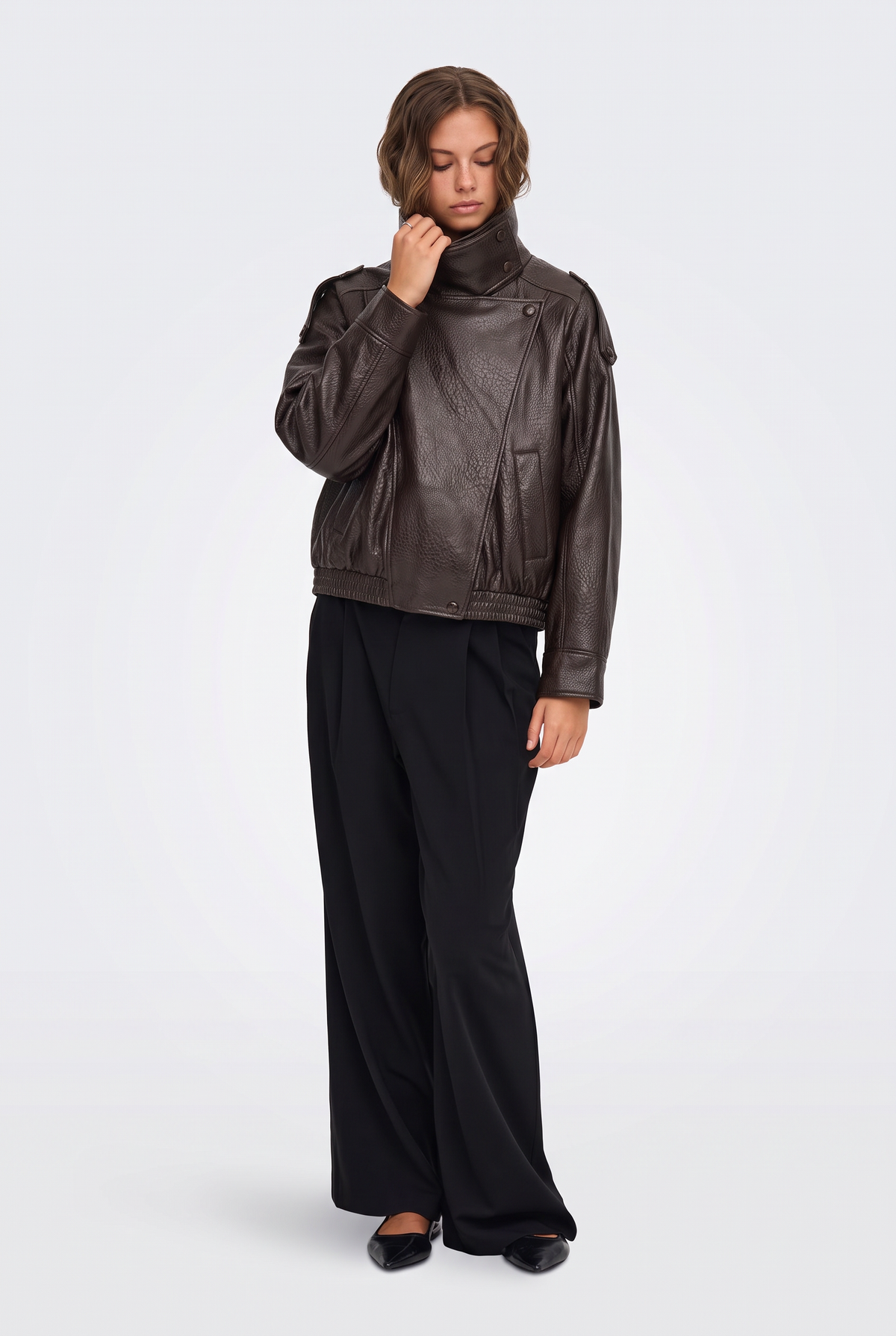 Faux Leather Jacket Brown Funnel Neck Women