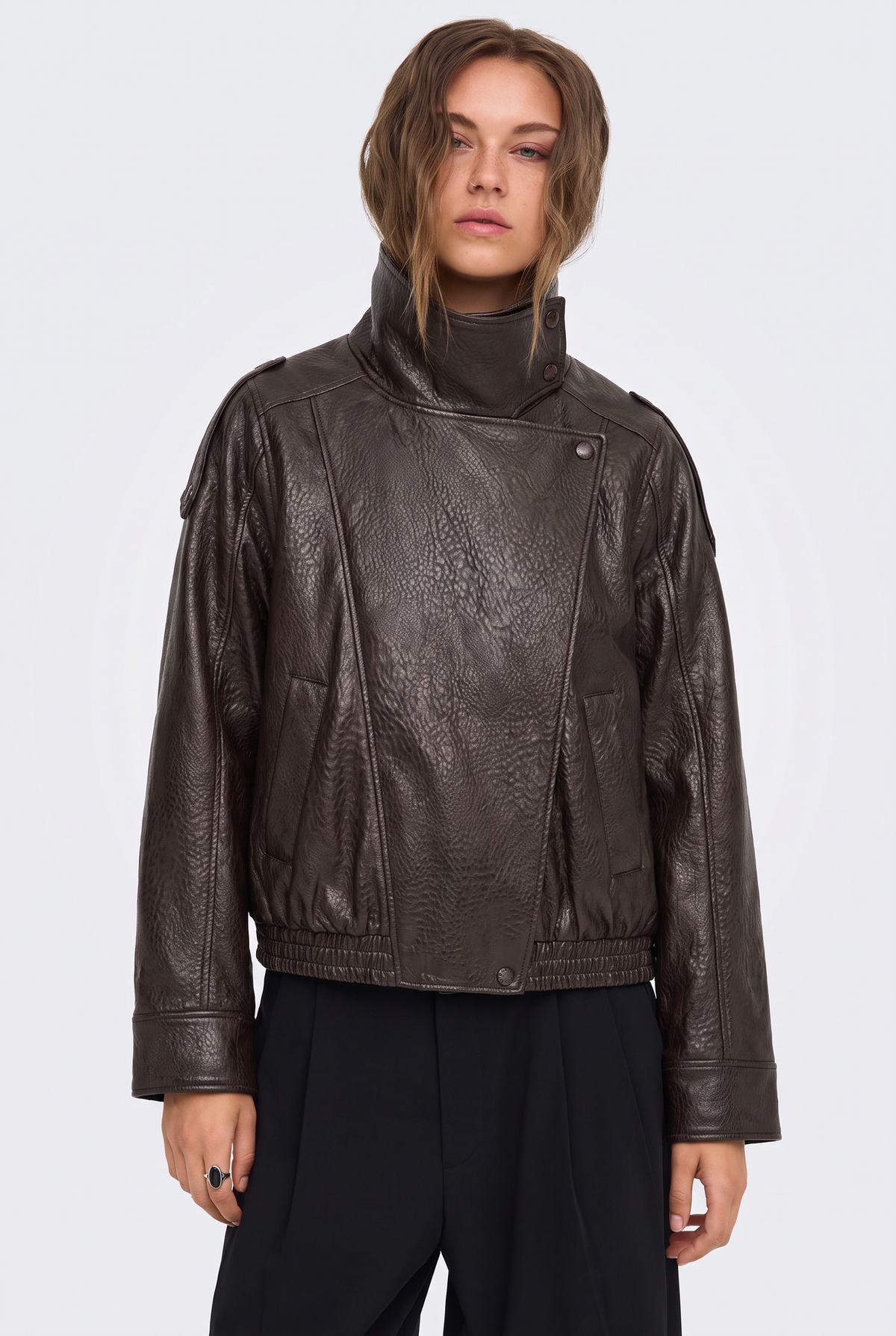 Faux Leather Jacket Brown Funnel Neck Women