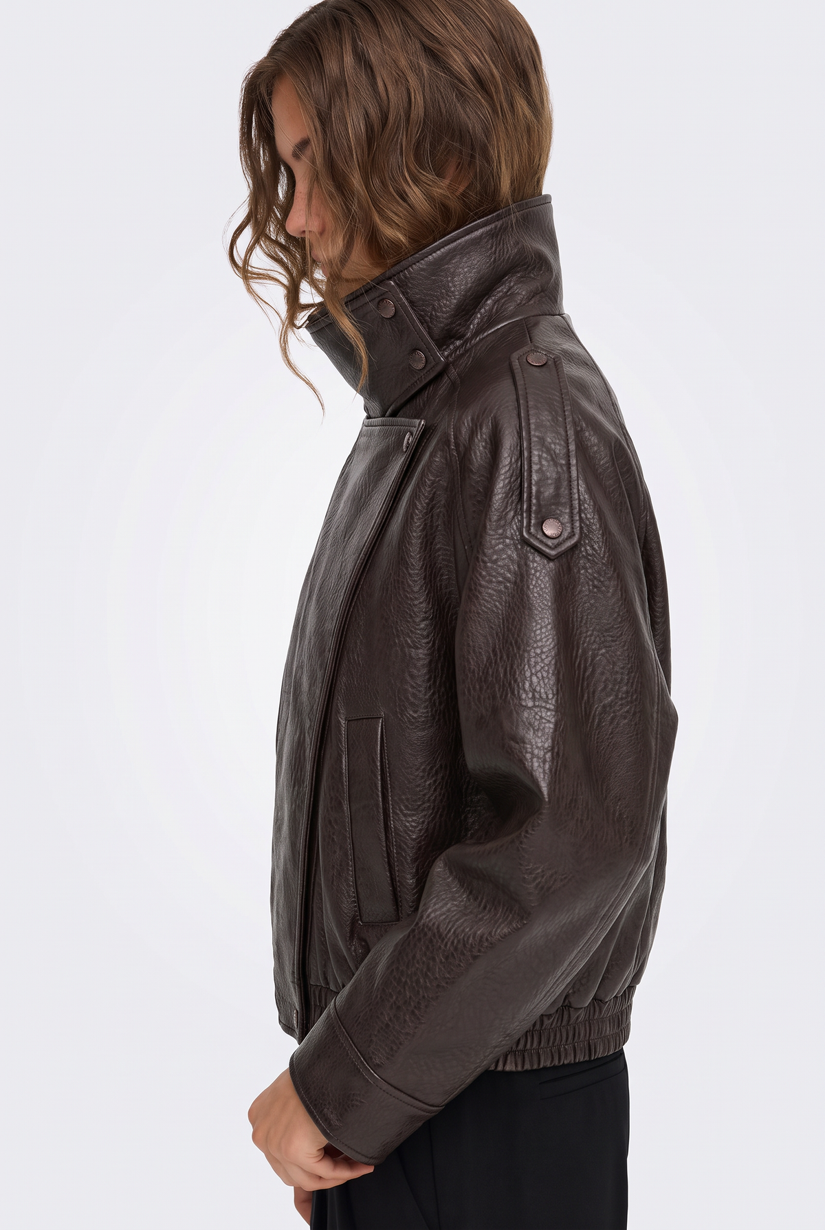 Faux Leather Jacket Brown Funnel Neck Women