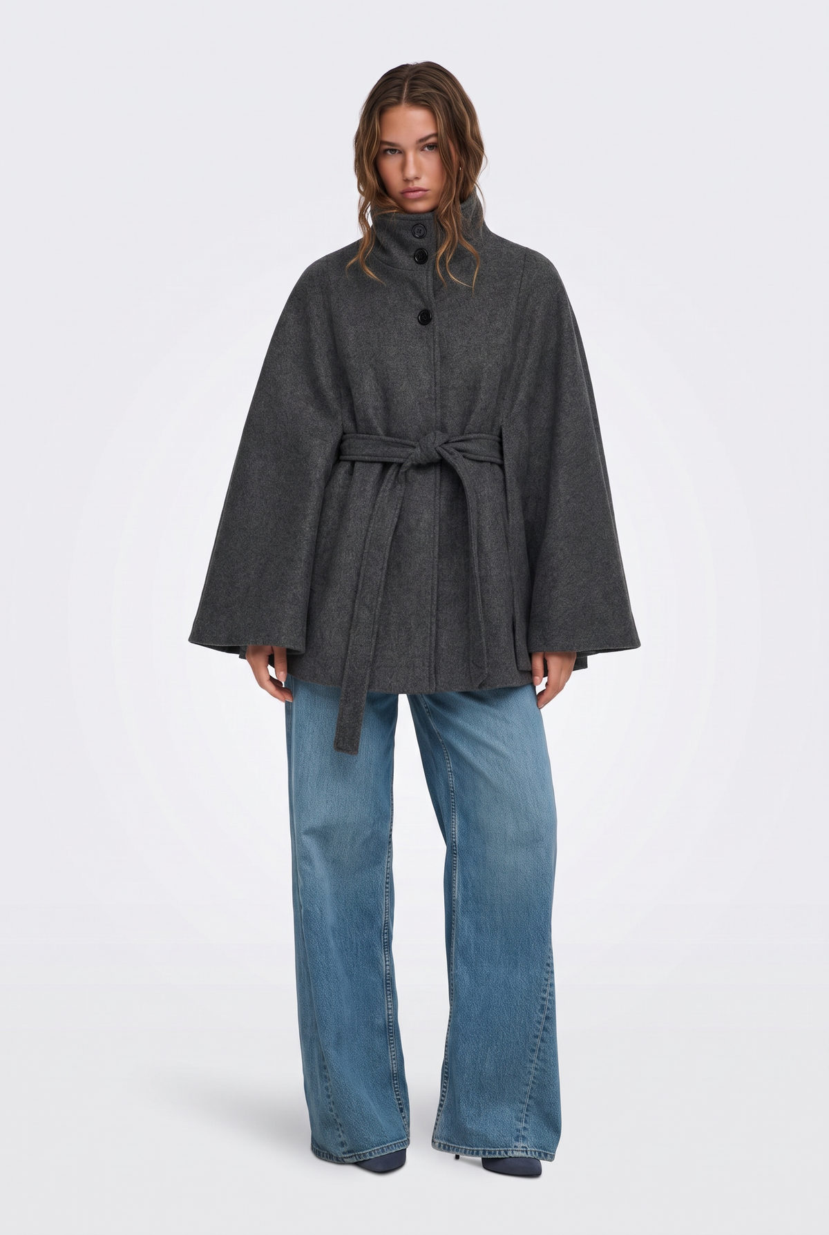Wool Cape Coat Grey Belted Women