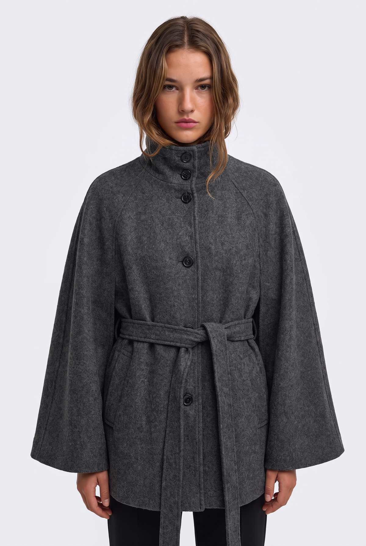 Wool Cape Coat Grey Belted Women