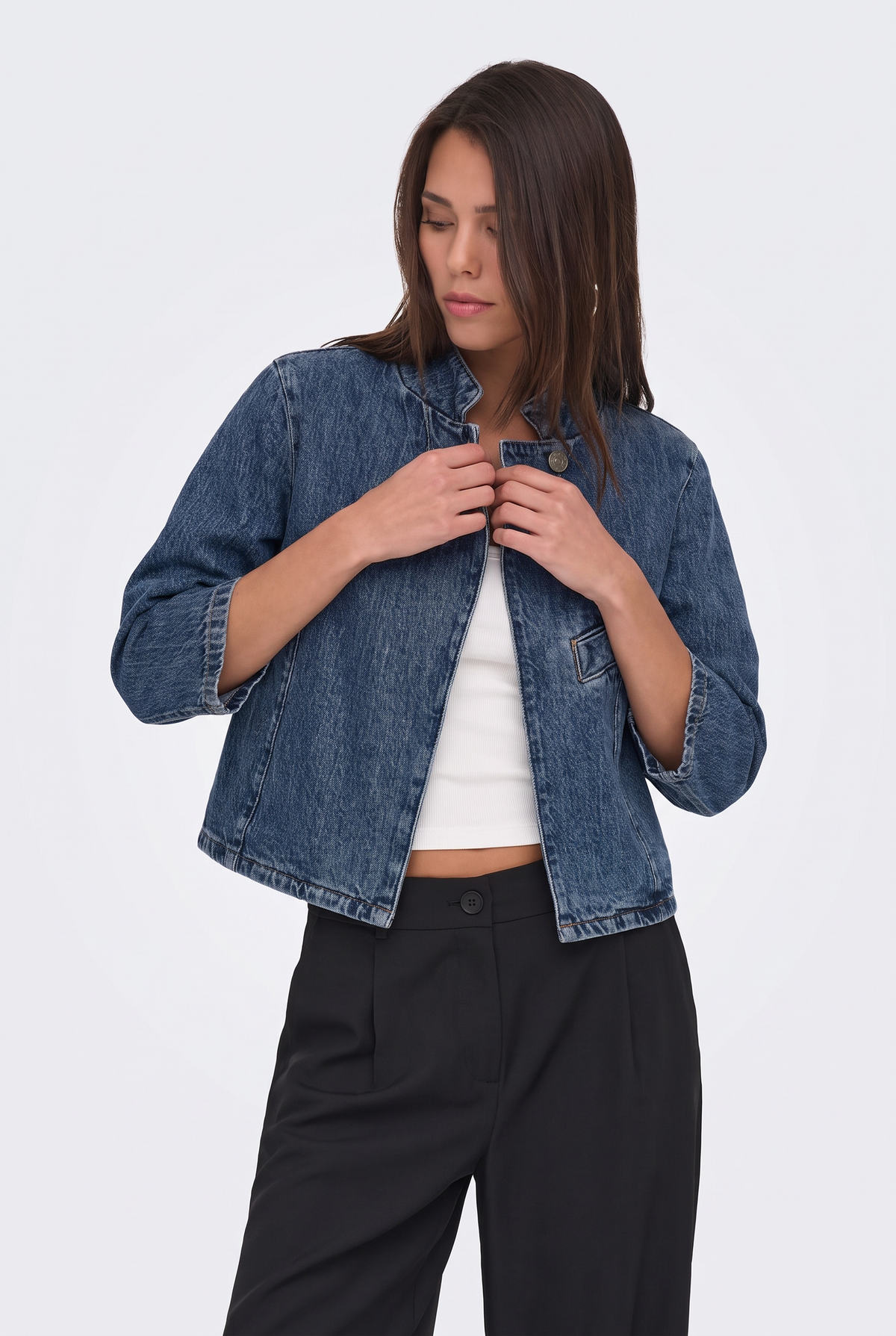 Collarless Denim Jacket Blue Cropped Women