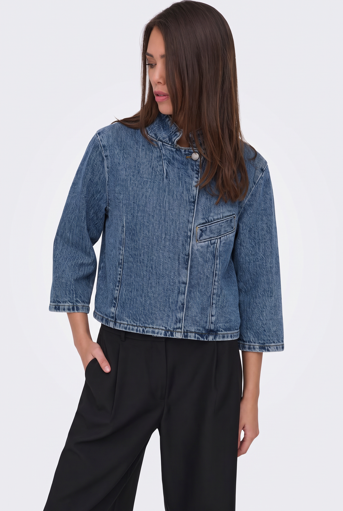 Collarless Denim Jacket Blue Cropped Women