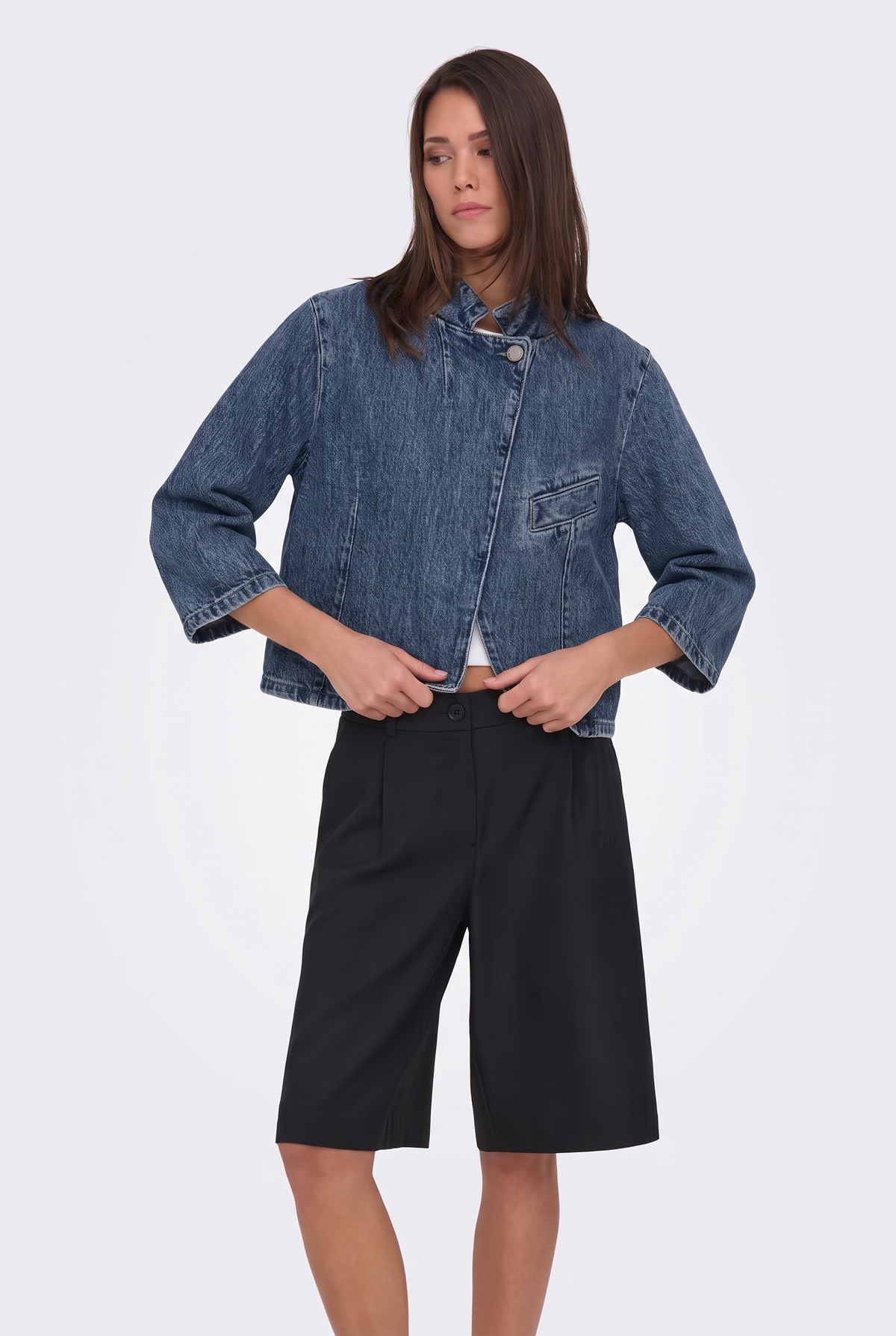 Collarless Denim Jacket Blue Cropped Women