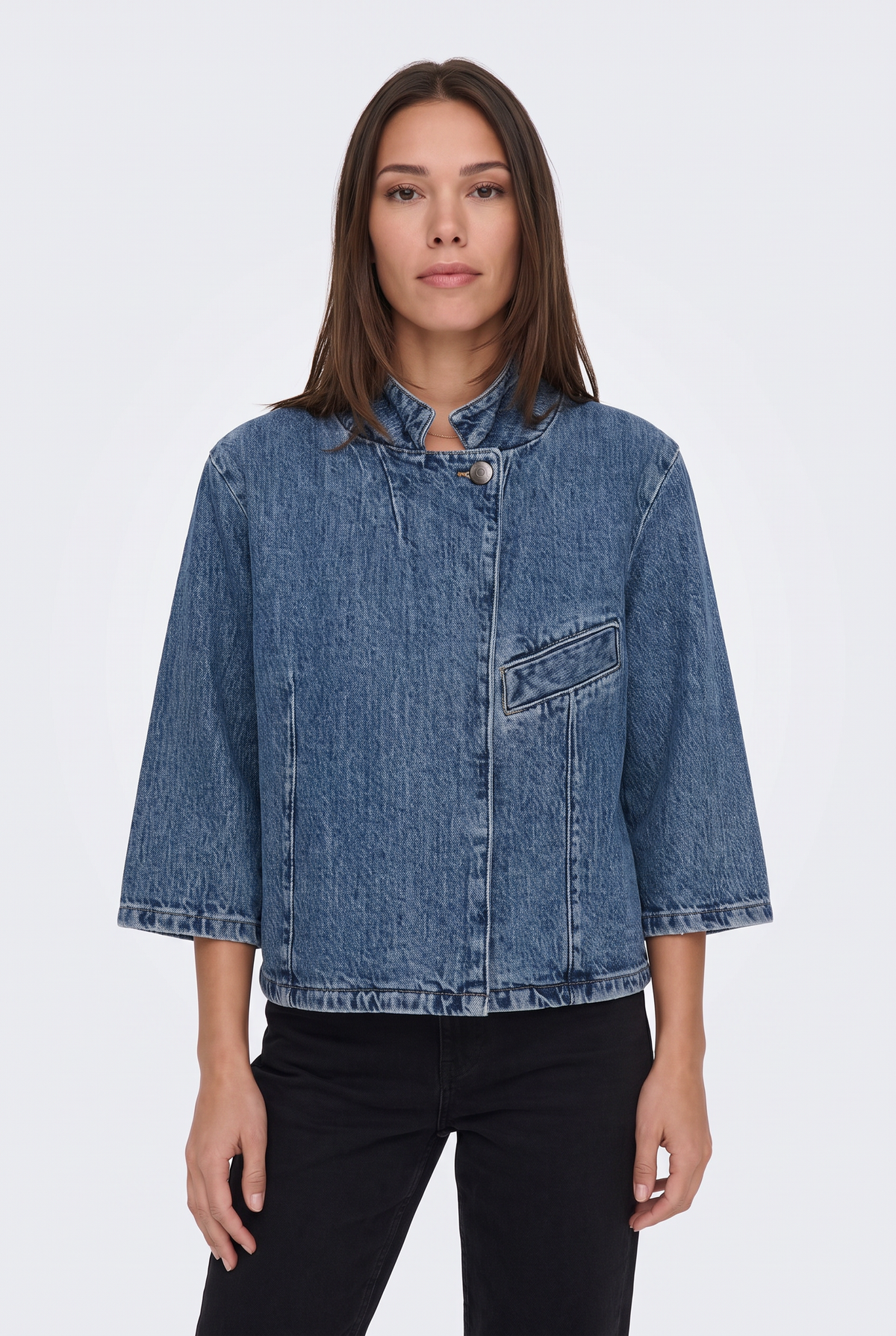 Collarless Denim Jacket Blue Cropped Women