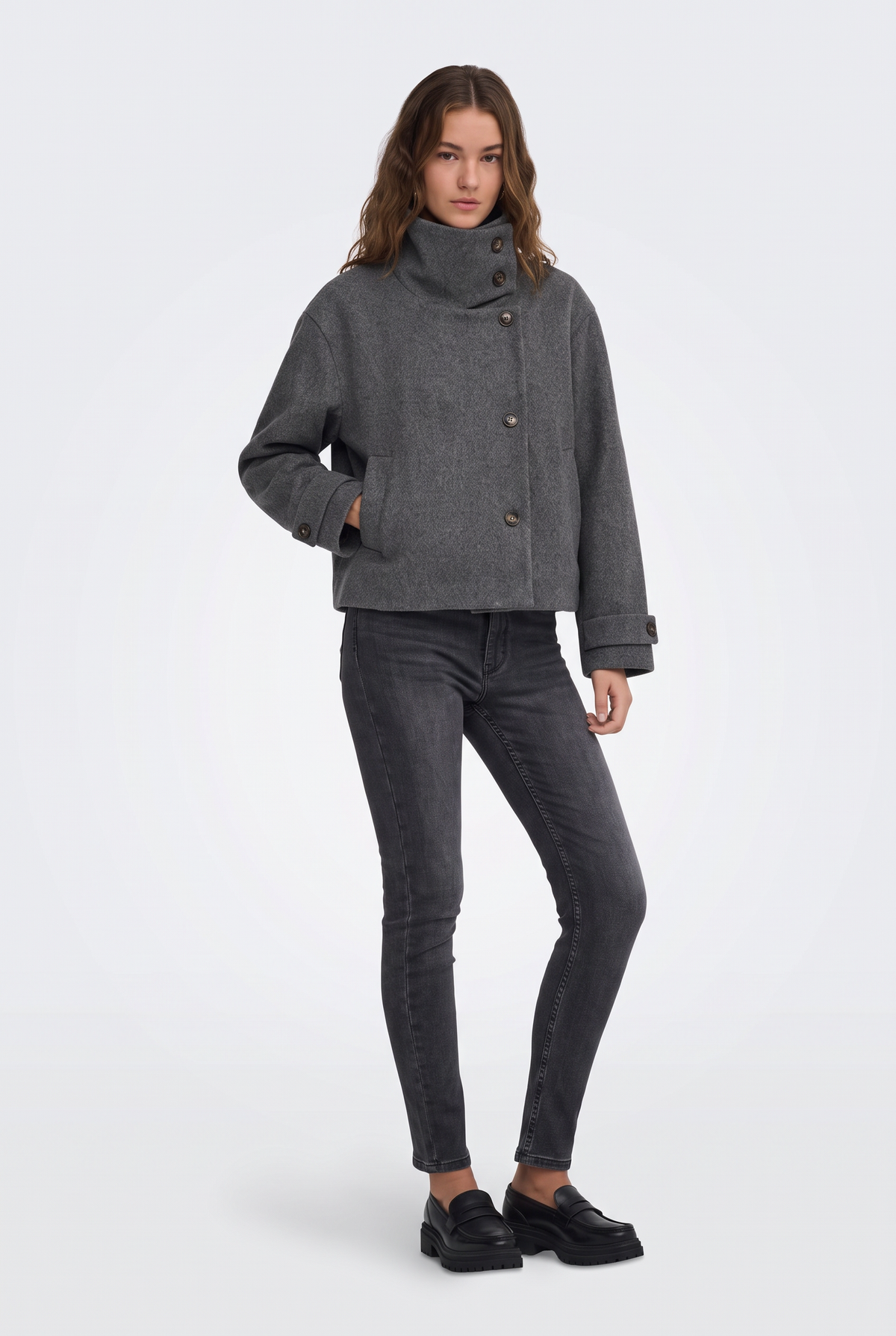 Wool Grey Jacket Cropped Funnel Neck Women