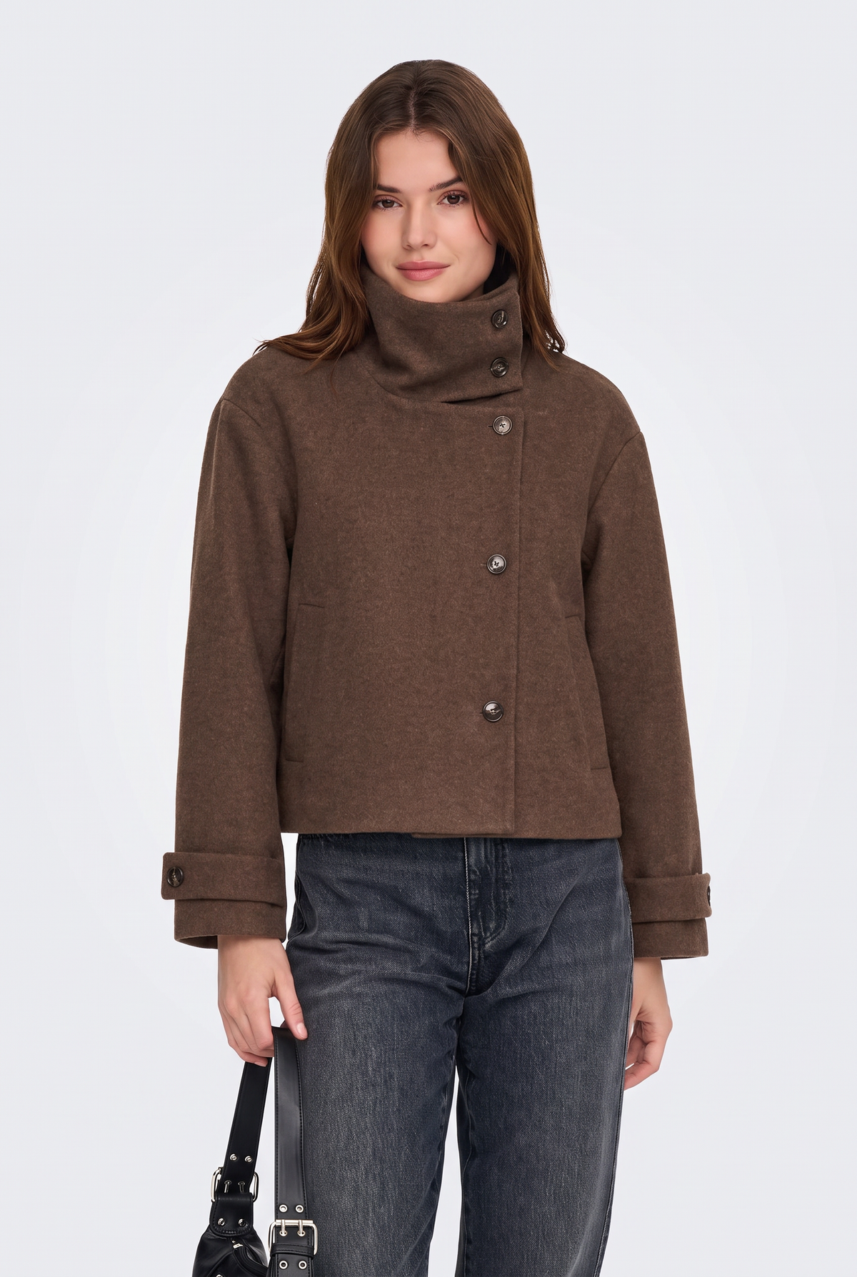 Wool Brown Jacket Cropped Funnel Neck Women