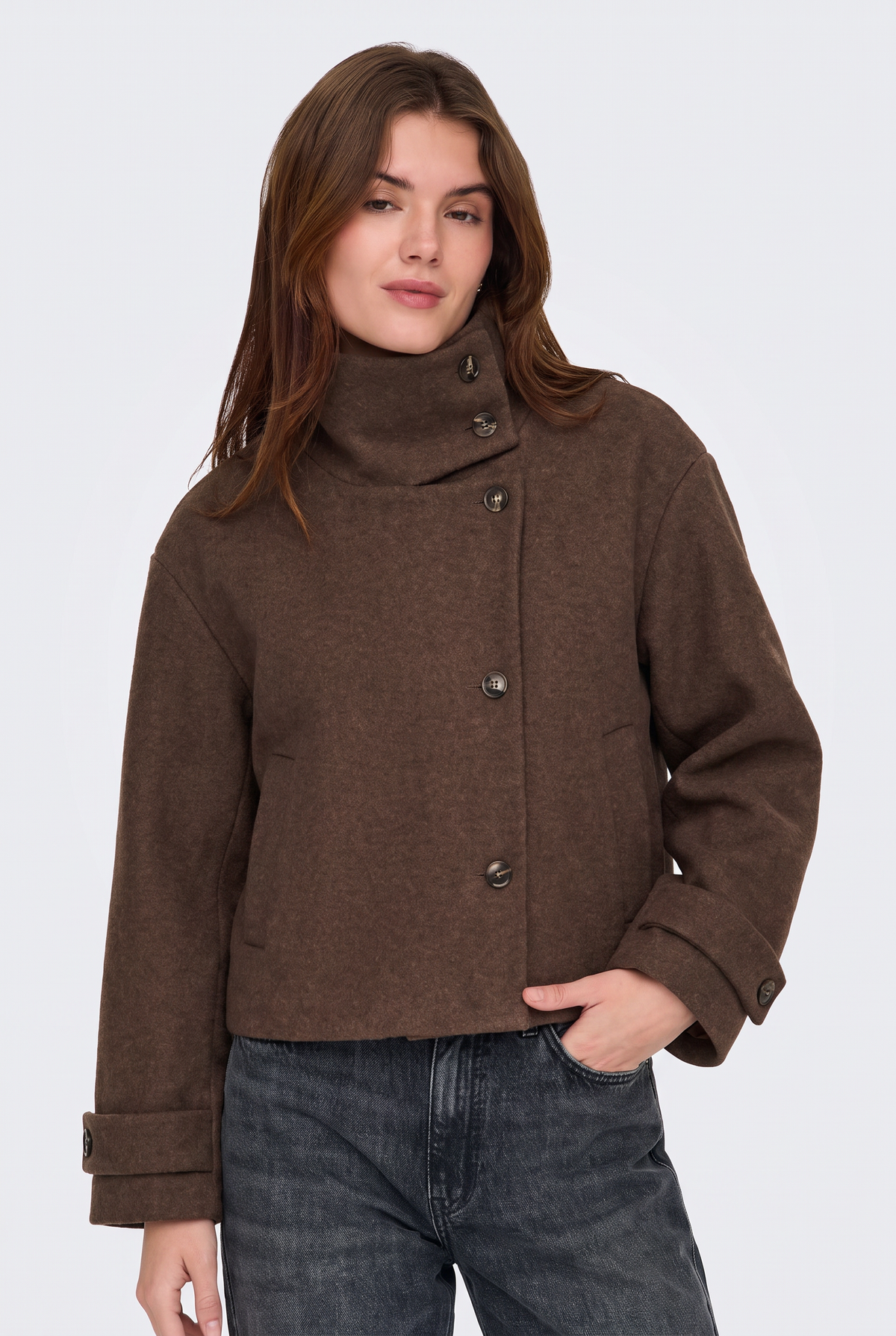 Wool Brown Jacket Cropped Funnel Neck Women