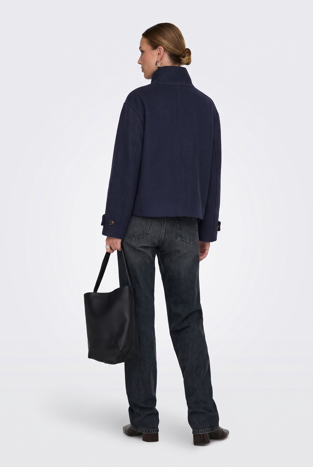 Wool Navy Jacket Cropped Funnel Neck Women