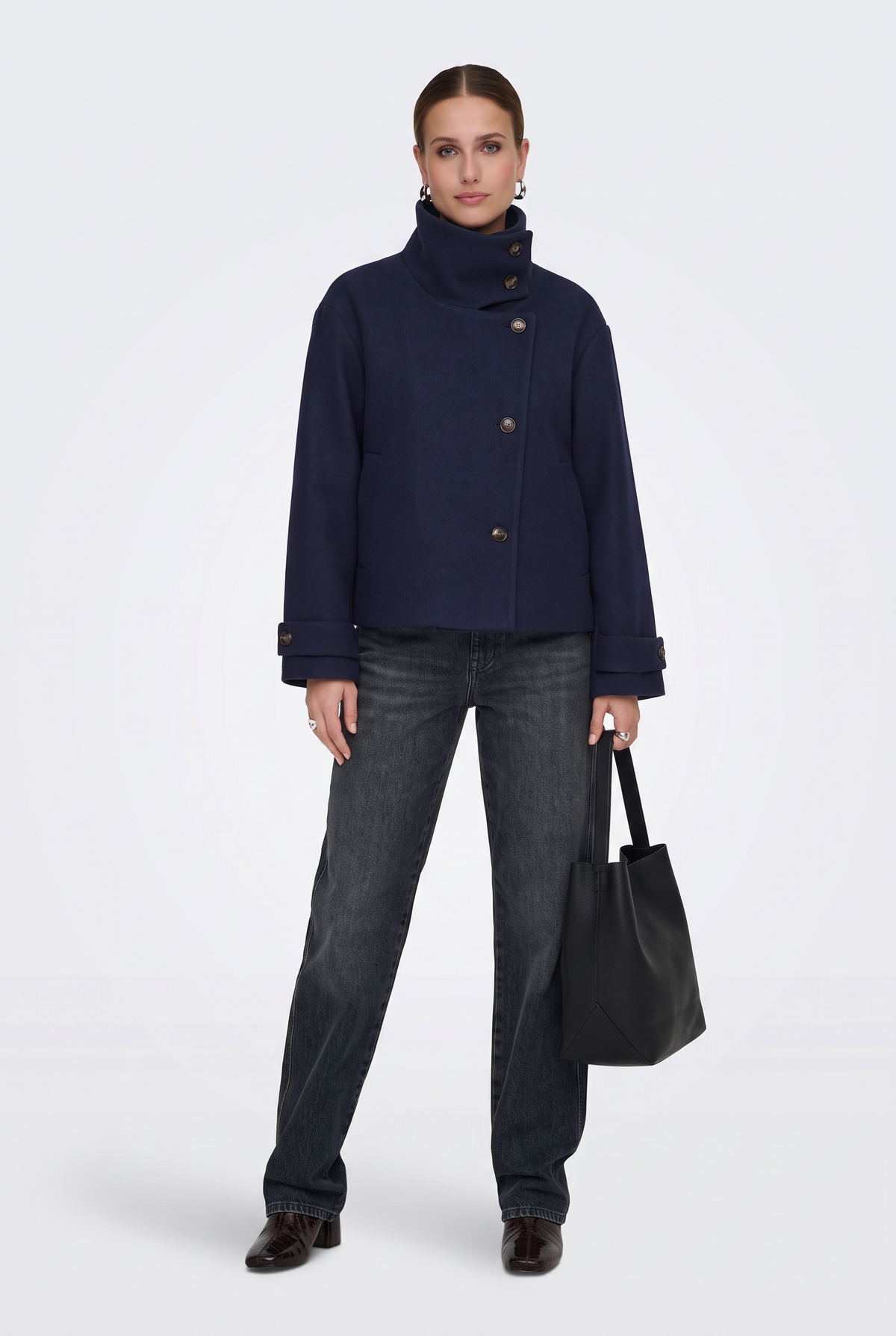 Wool Navy Jacket Cropped Funnel Neck Women