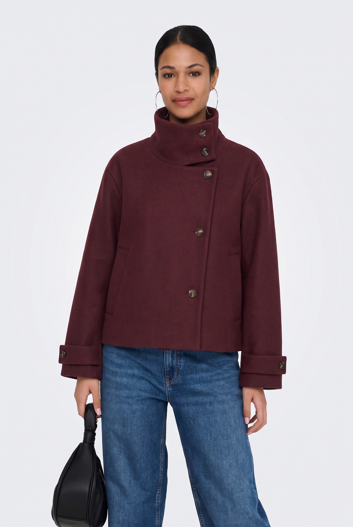 Wool Burgundy Jacket Cropped Funnel Neck Women