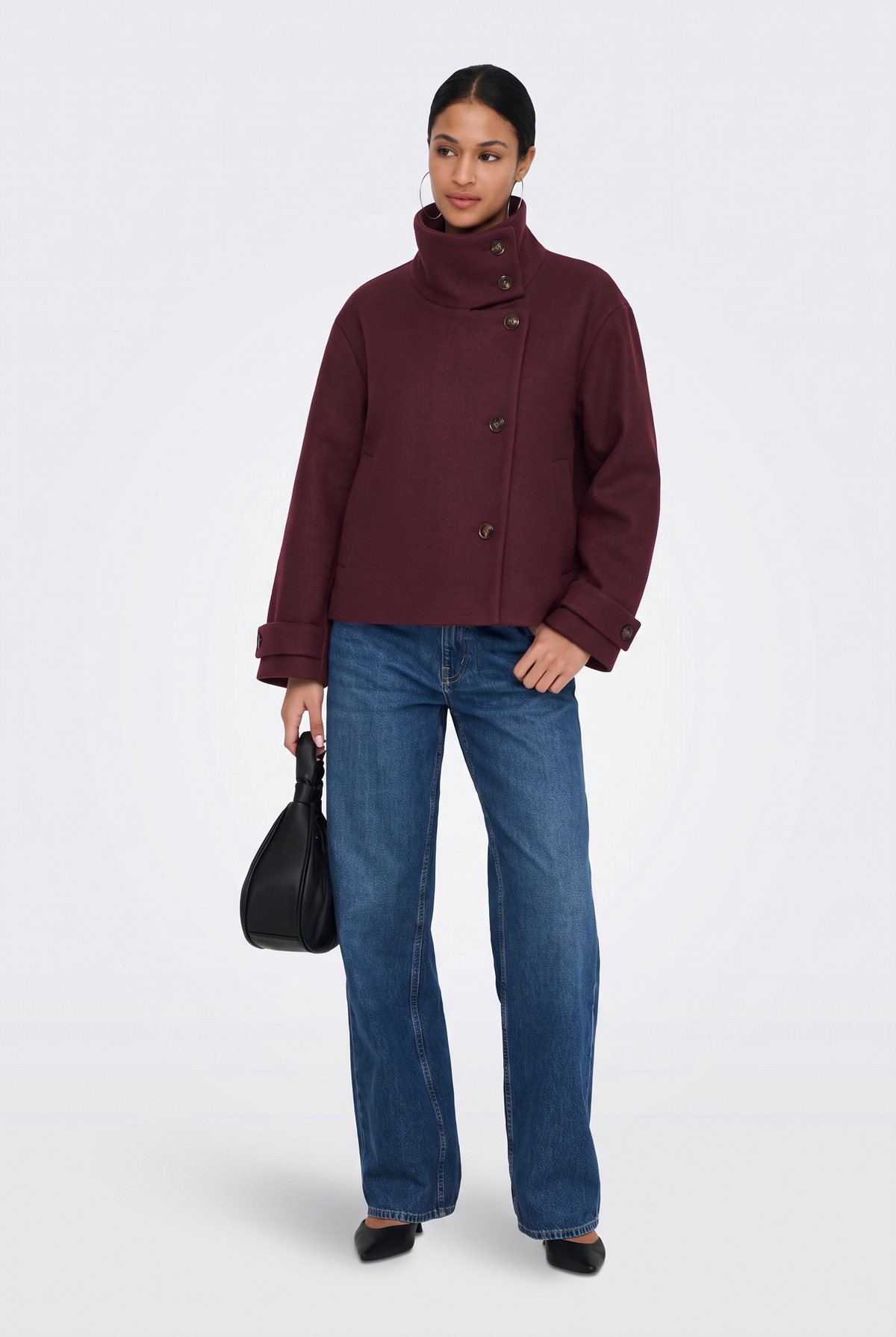 Wool Burgundy Jacket Cropped Funnel Neck Women