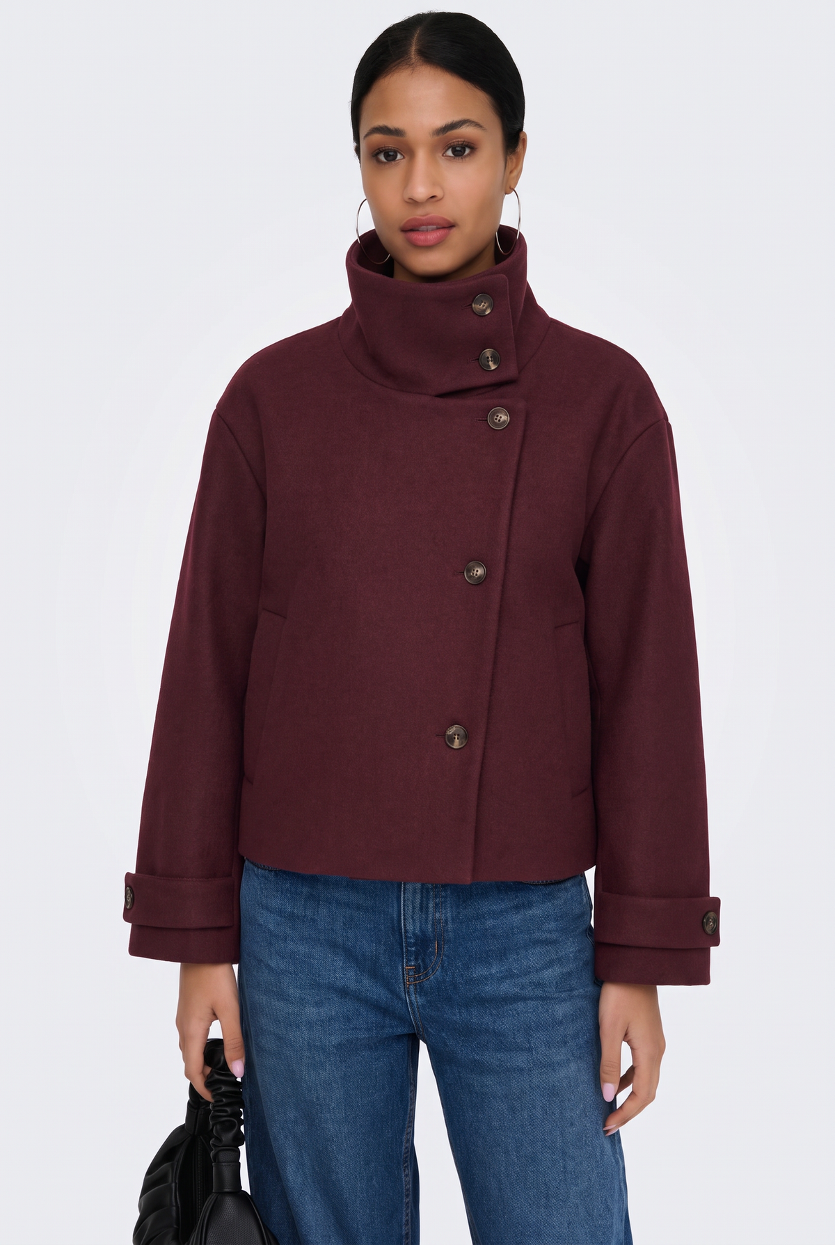 Wool Burgundy Jacket Cropped Funnel Neck Women
