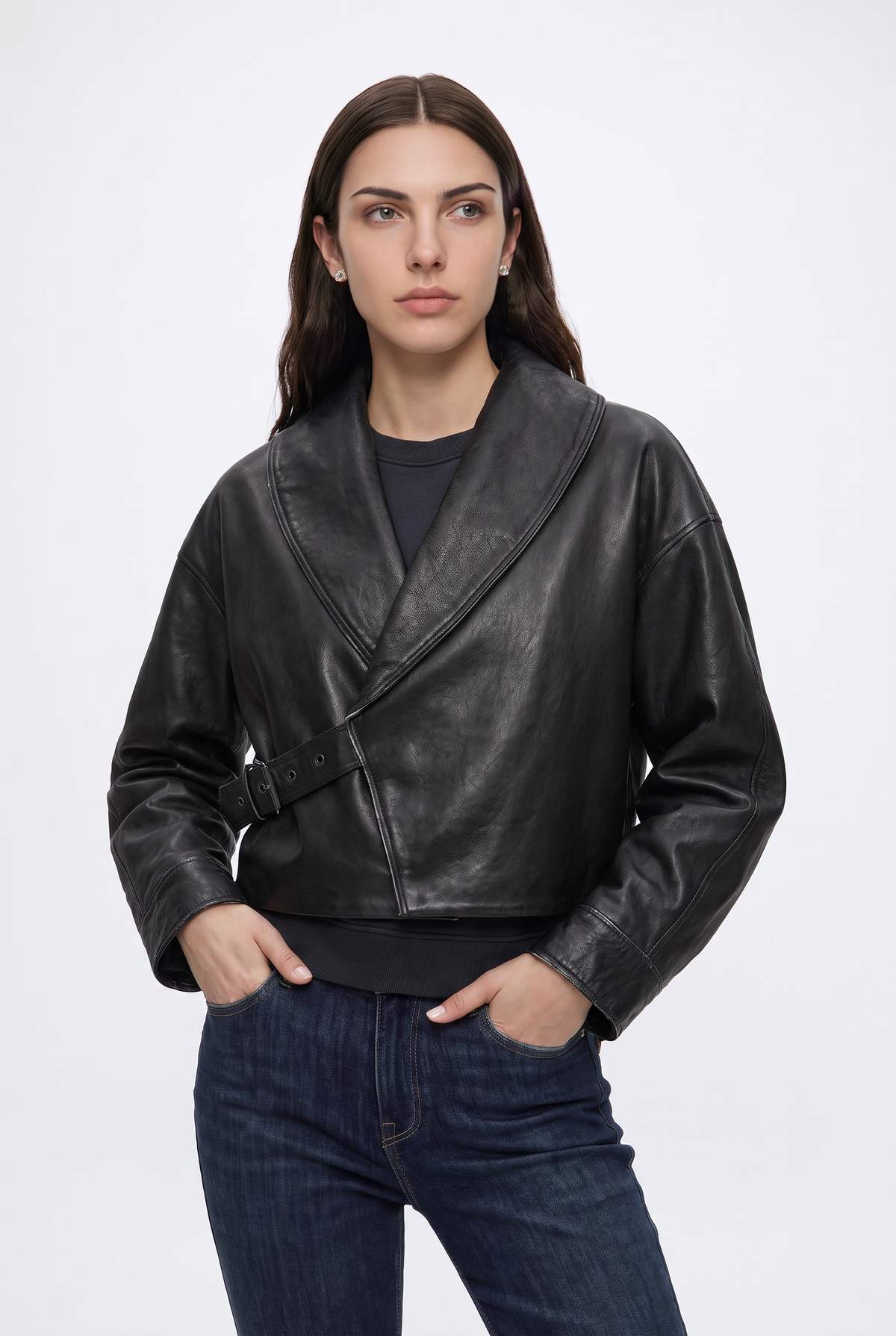 Faux Leather Jacket Black Wrap Cropped Women