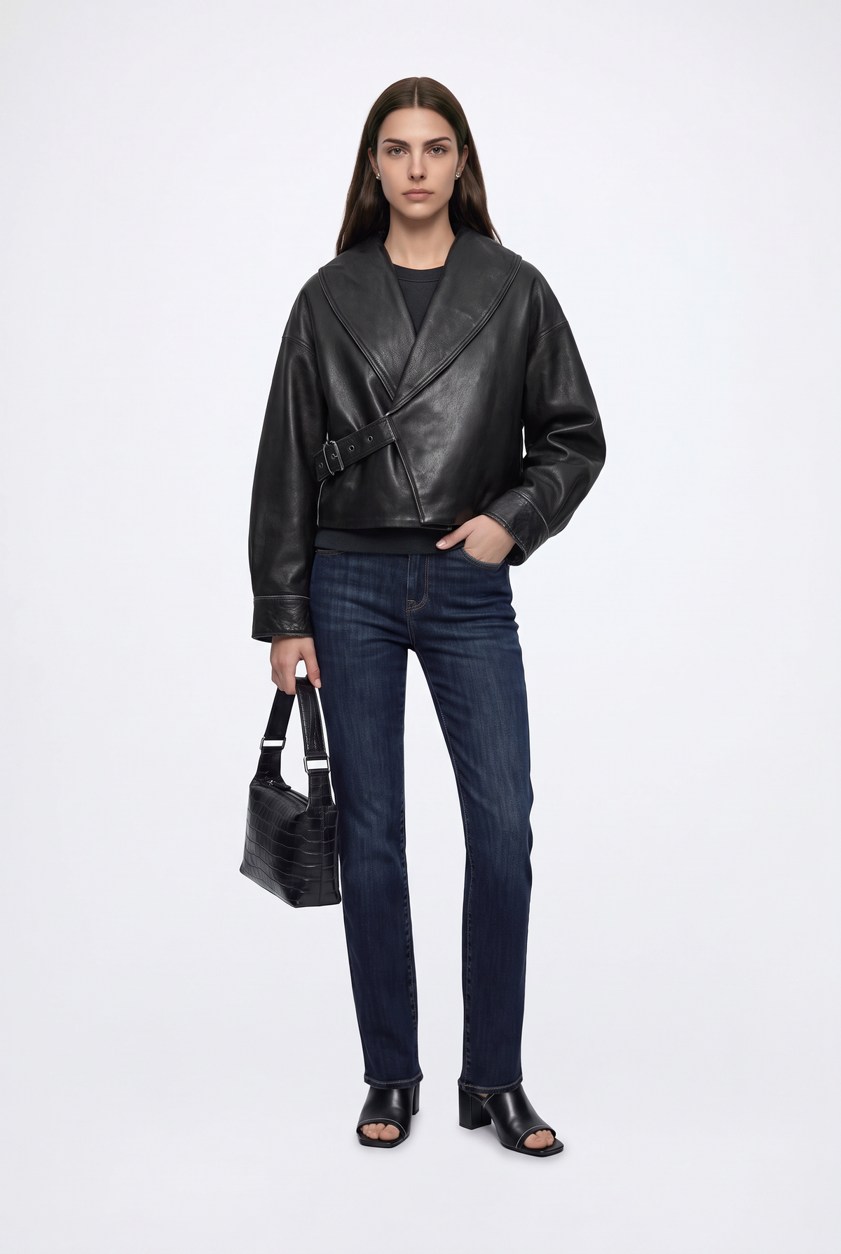Faux Leather Jacket Black Wrap Cropped Women