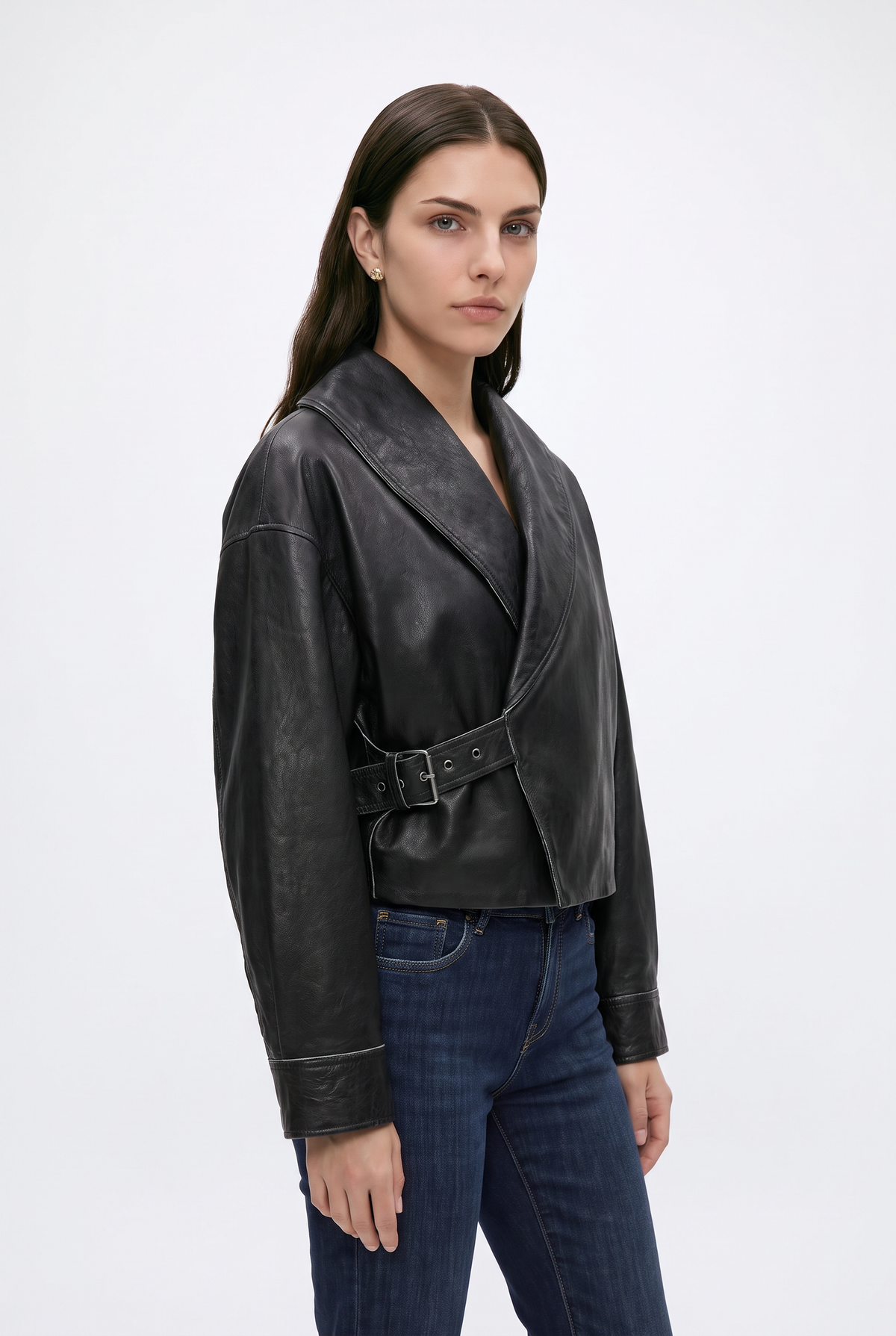 Faux Leather Jacket Black Wrap Cropped Women