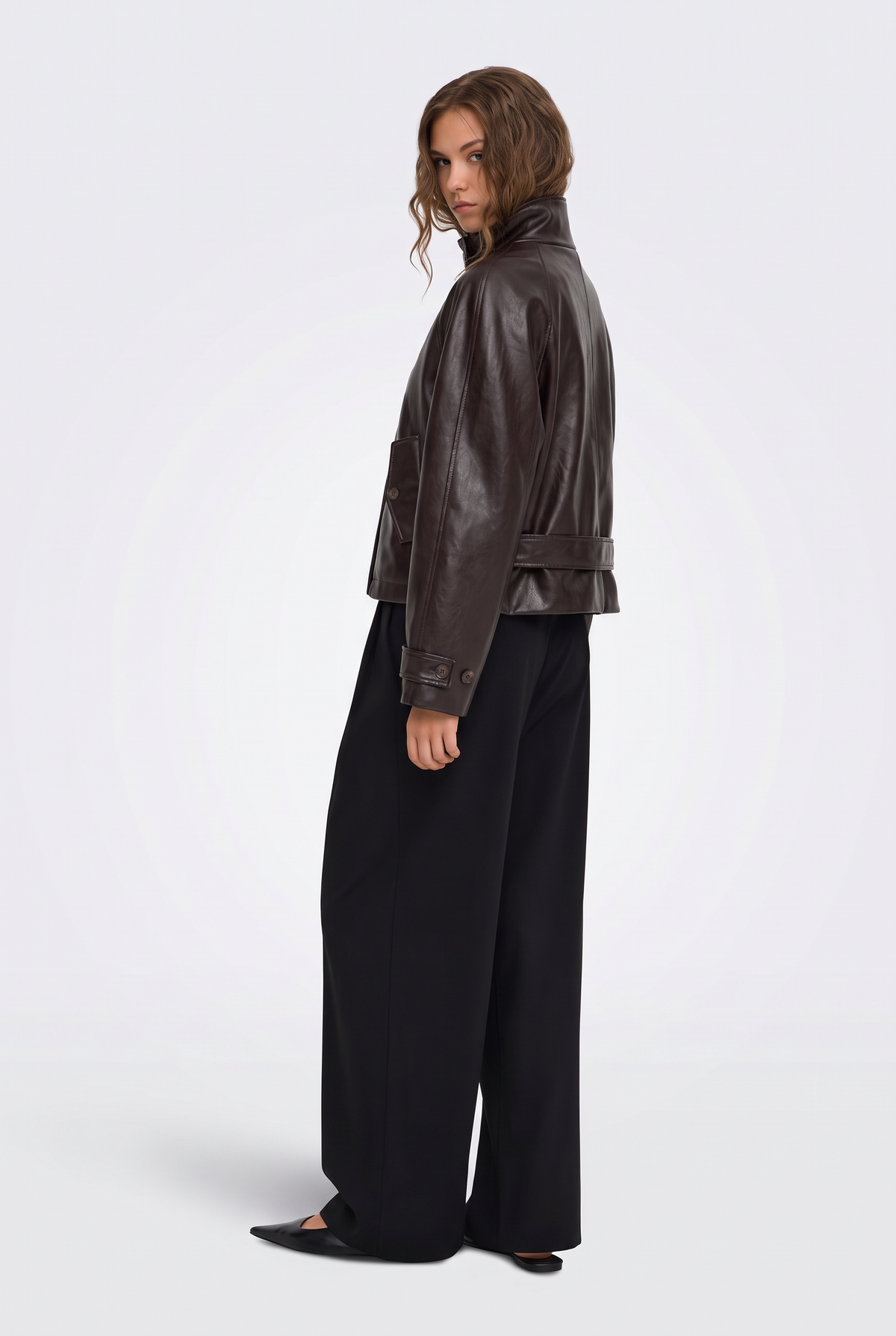 Faux Leather Jacket Brown Cropped Women