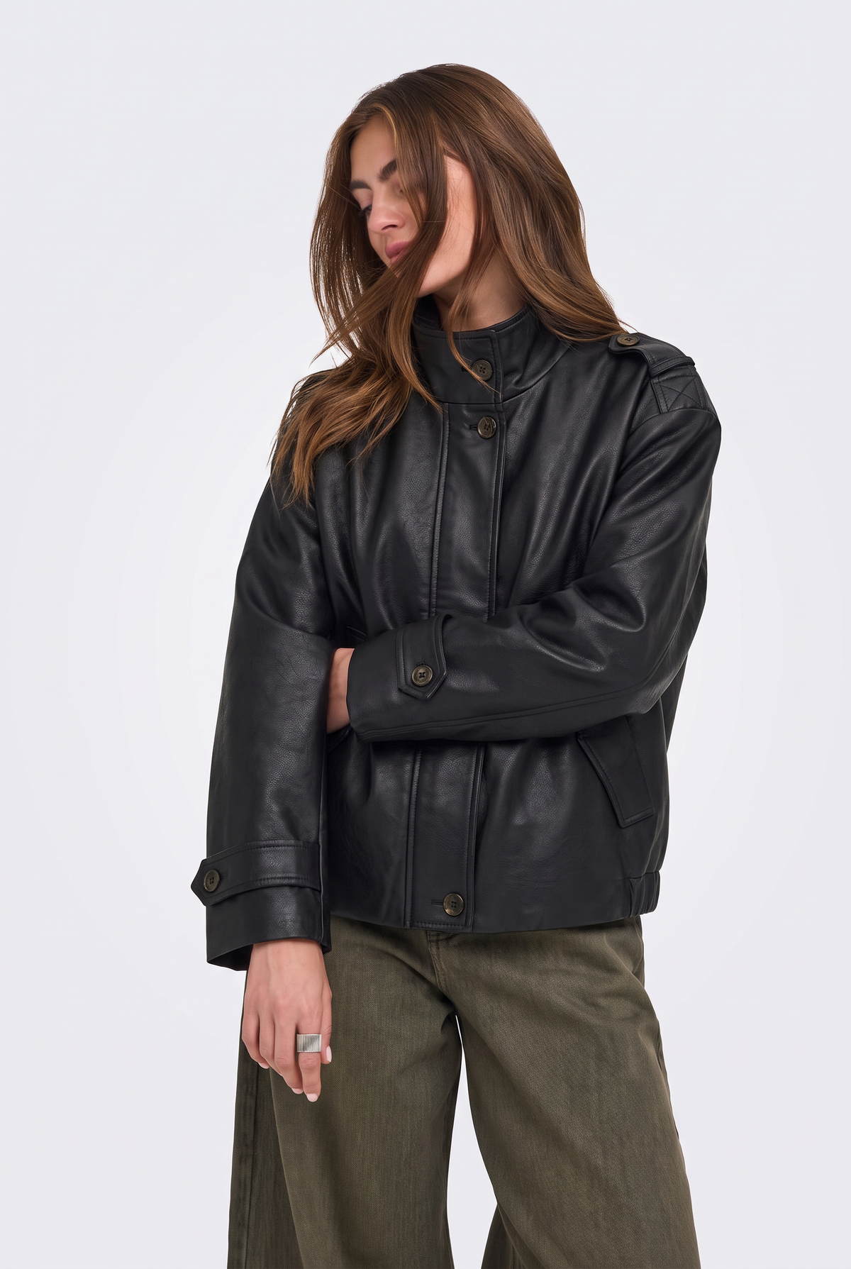 Faux Leather Jacket Black Cropped Funnel Neck Women