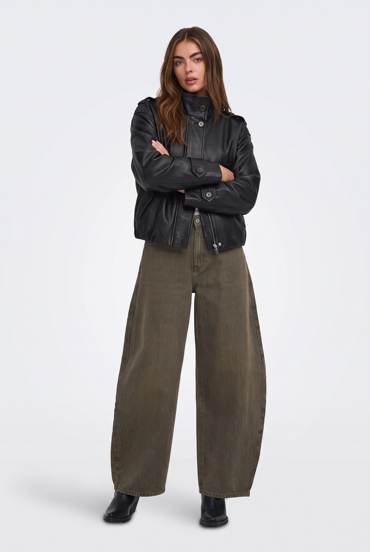 Faux Leather Jacket Black Cropped Funnel Neck Women