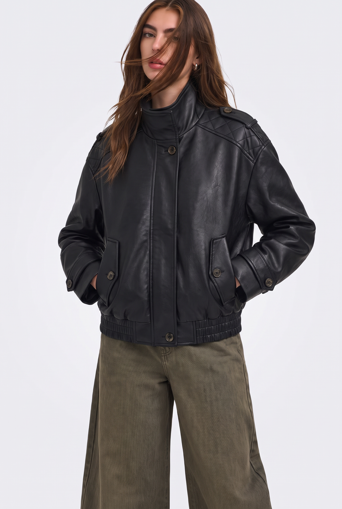Faux Leather Jacket Black Cropped Funnel Neck Women