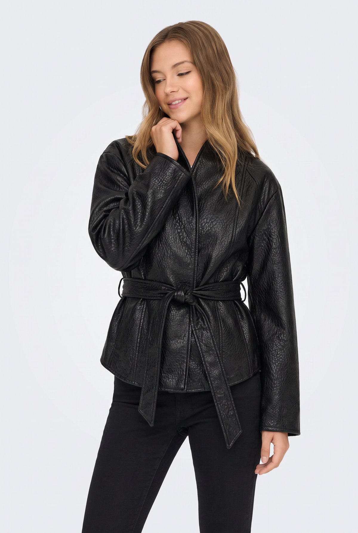 Faux Leather Jacket Black Belted Women