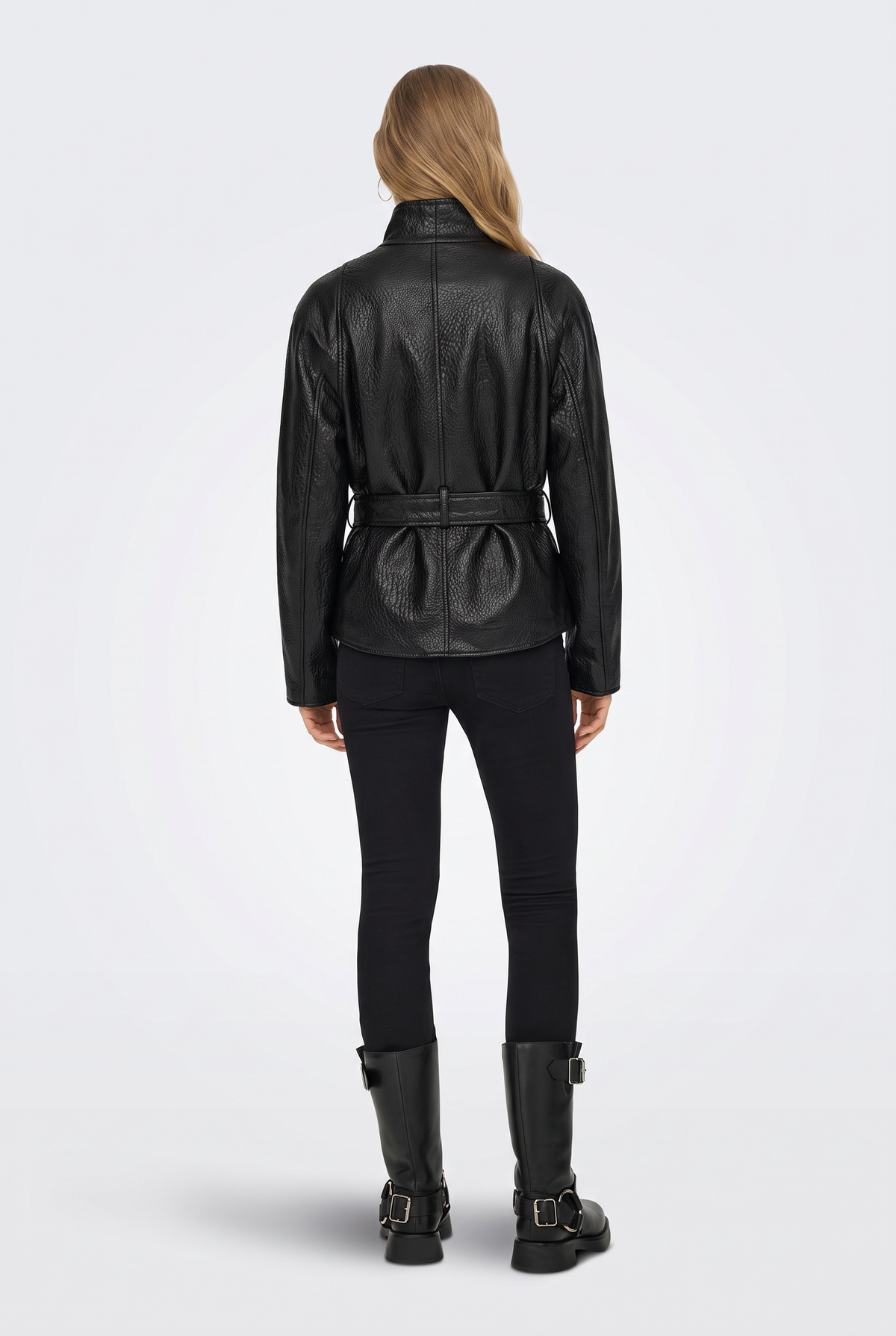 Faux Leather Jacket Black Belted Women