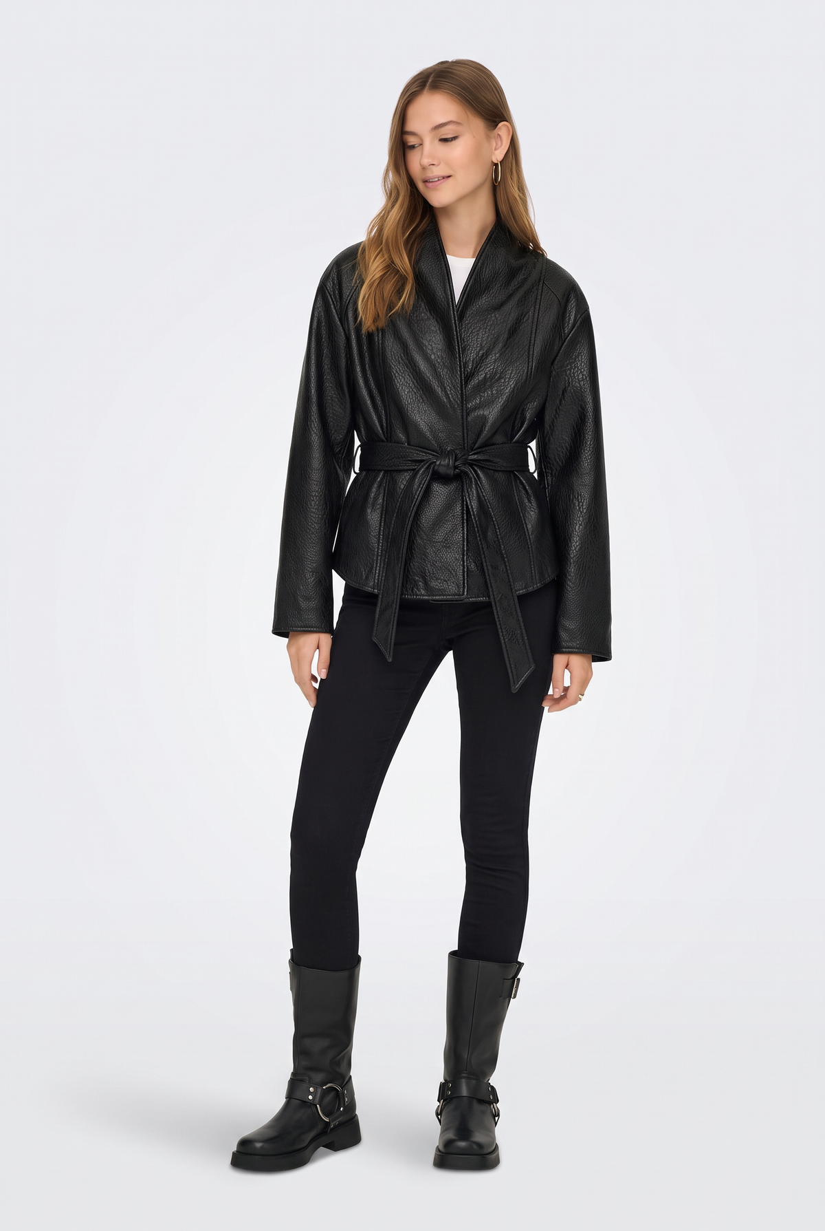 Faux Leather Jacket Black Belted Women