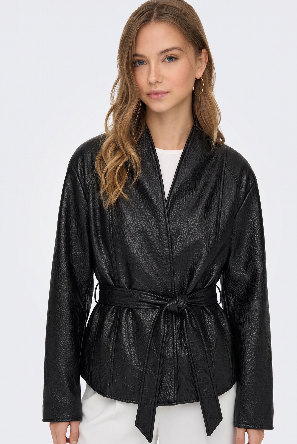 Faux Leather Jacket Black Belted Women