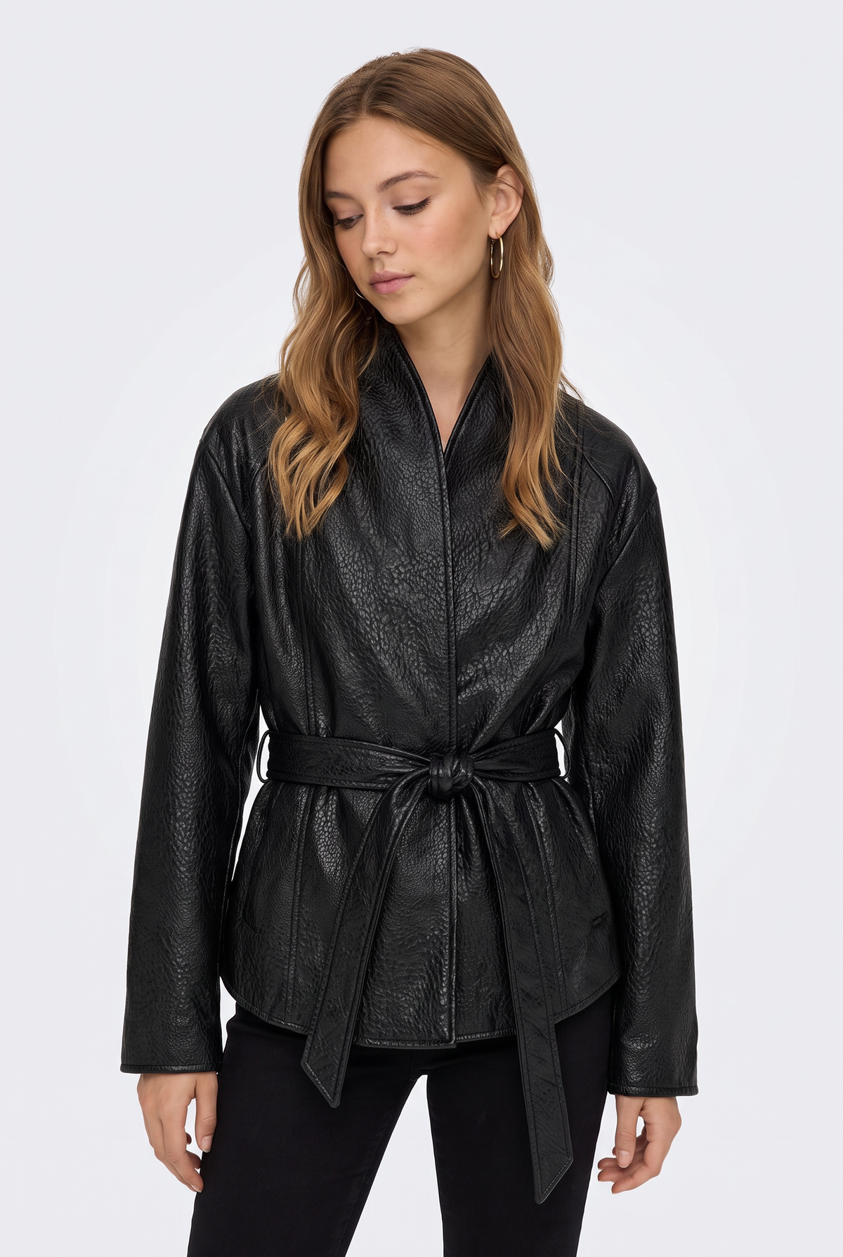 Faux Leather Jacket Black Belted Women
