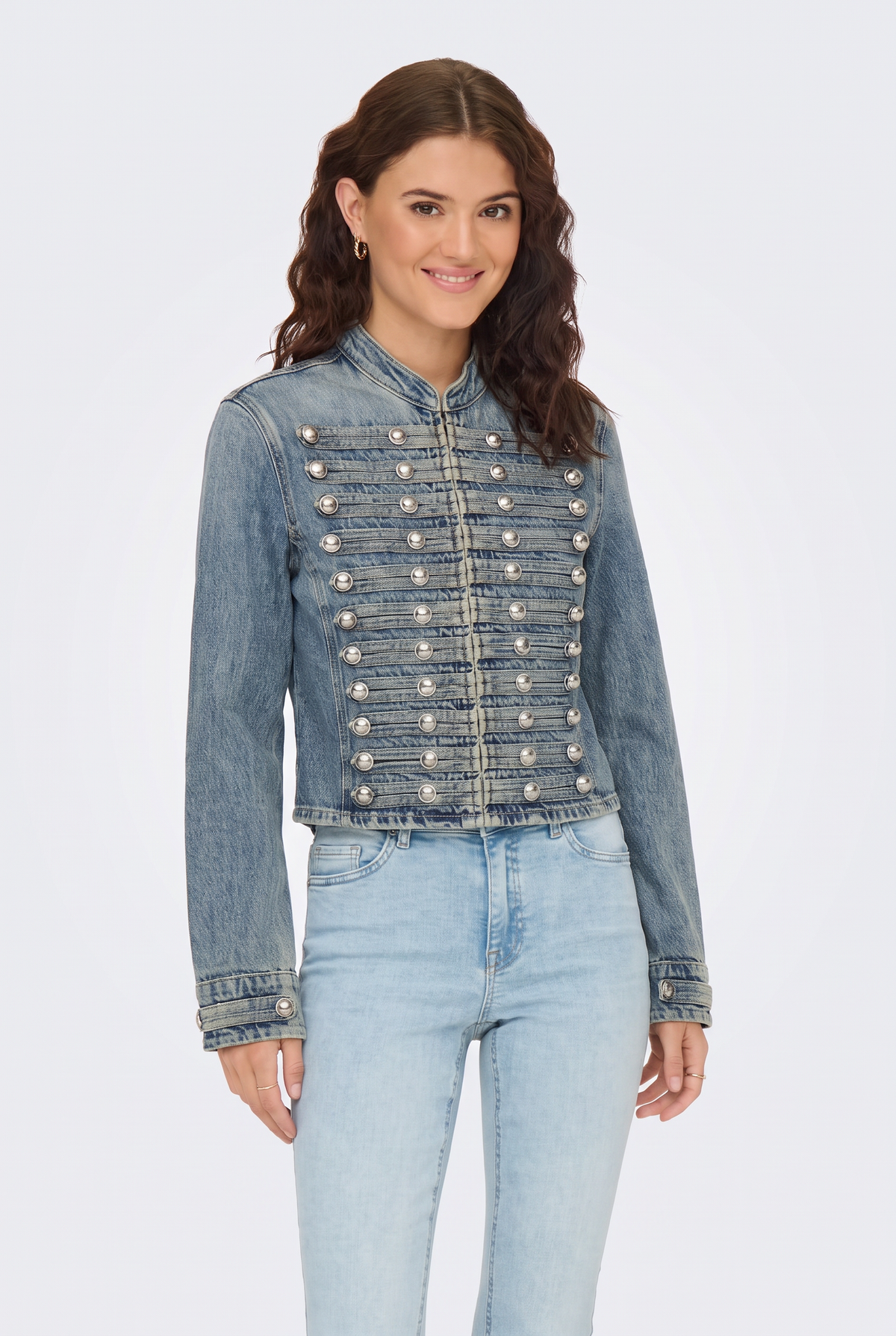 Military Denim Jacket Blue Fitted Cropped Women