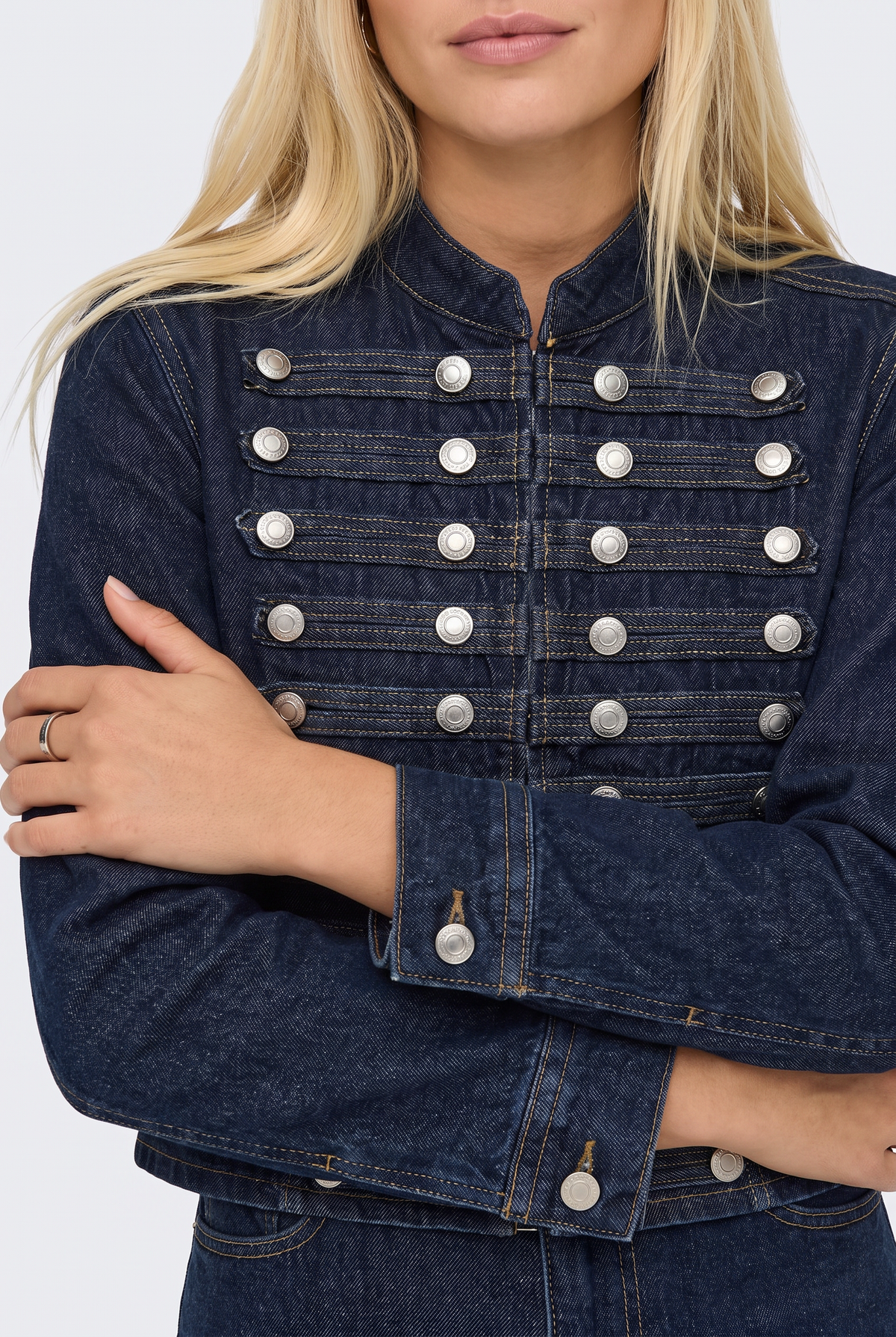 Military Denim Jacket Navy Fitted Cropped Women