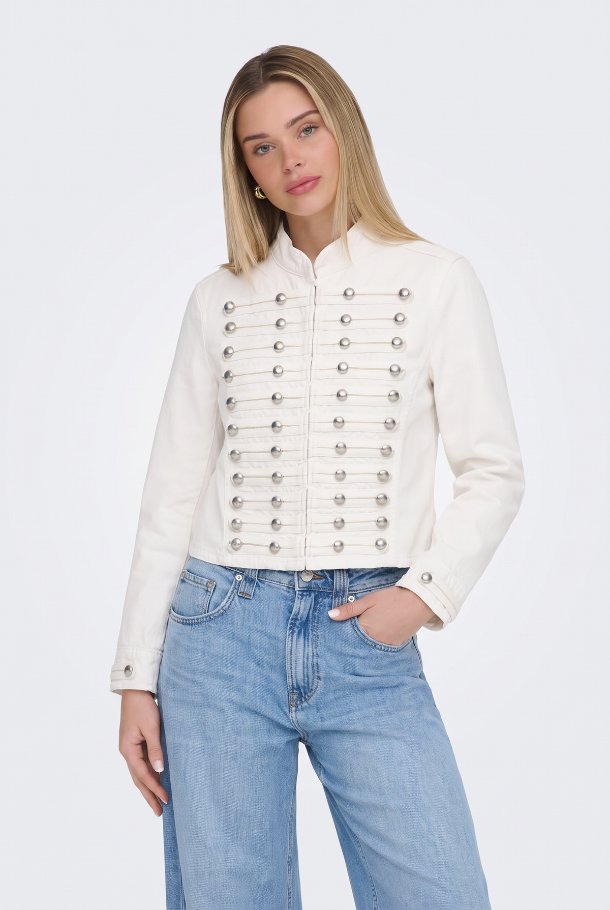 White Denim Jacket Military Fitted Cropped Women