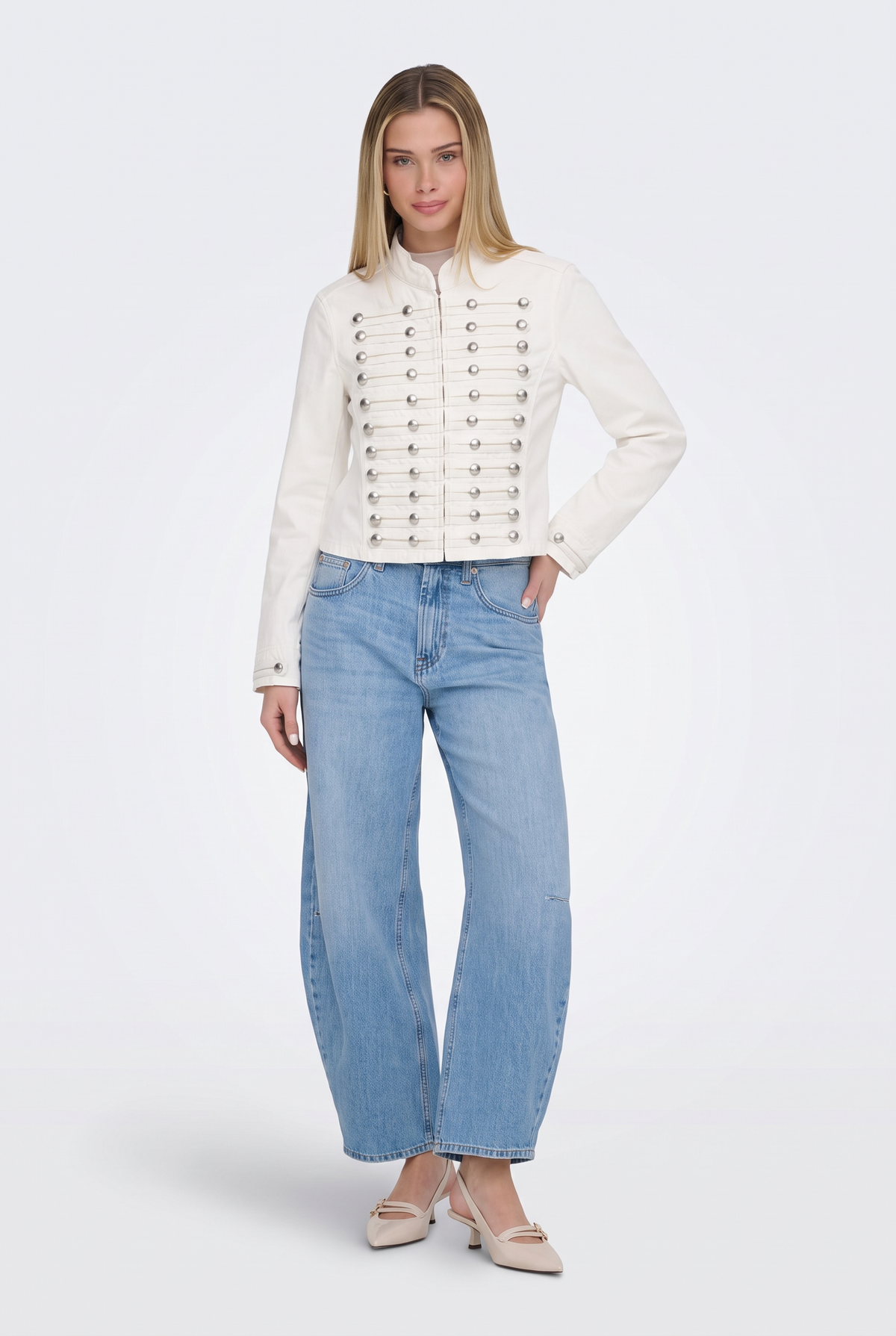 White Denim Jacket Military Fitted Cropped Women
