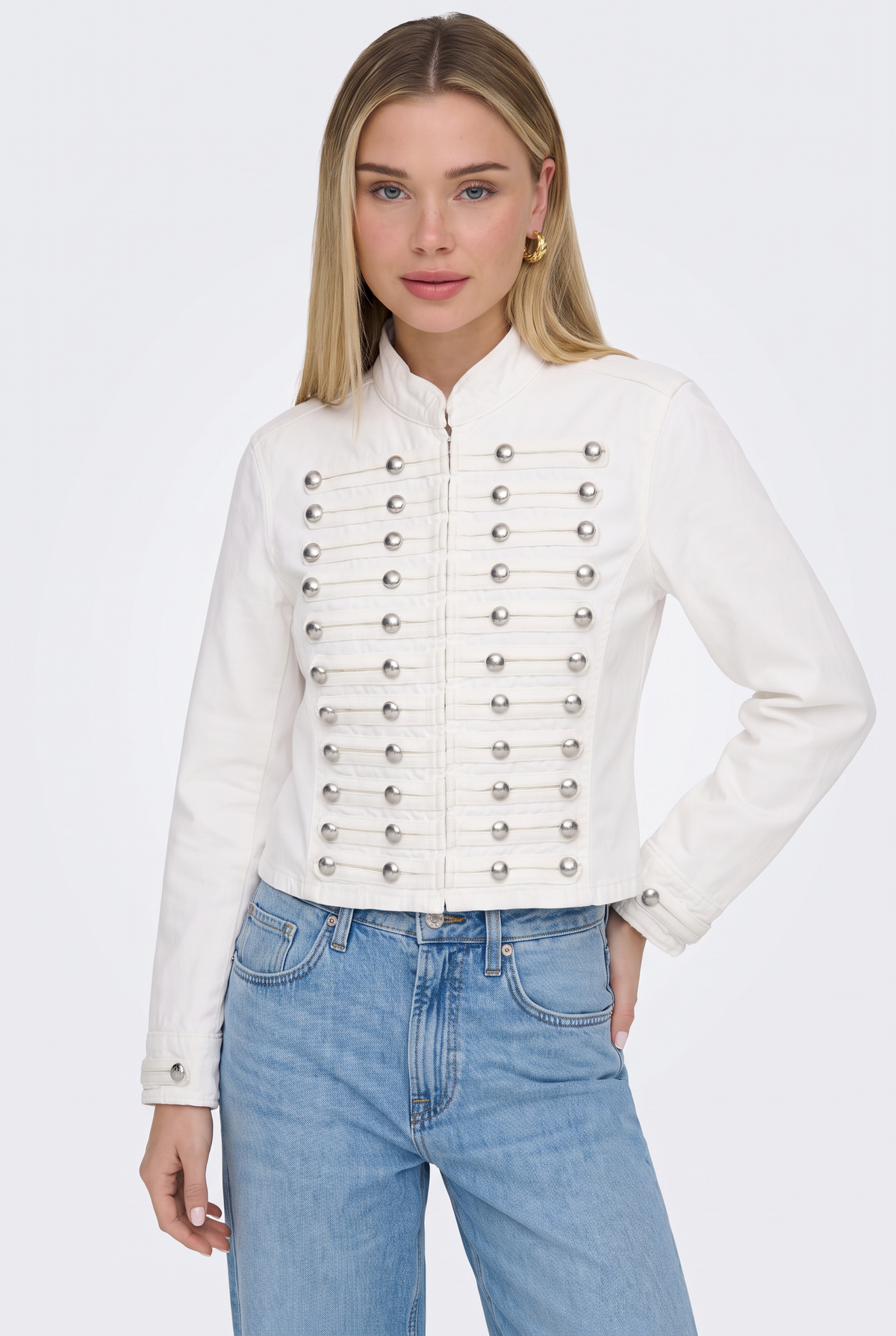 White Denim Jacket Military Fitted Cropped Women