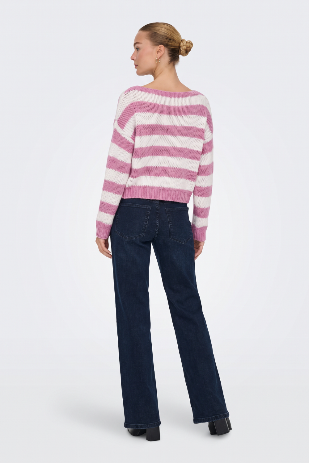 Pink striped cropped jumper back view on model