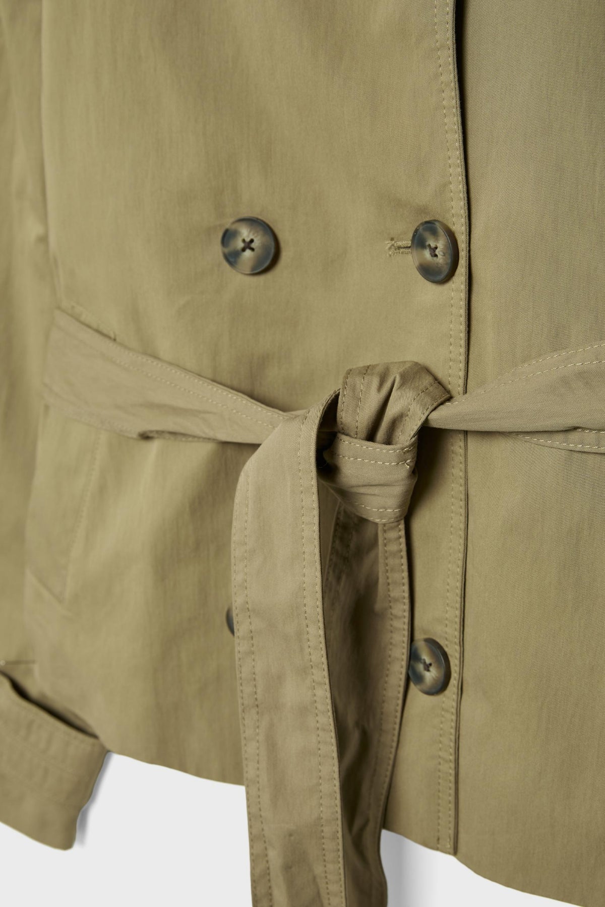 Khaki Trench Jacket Short Belted Olive fabric and fastening detail