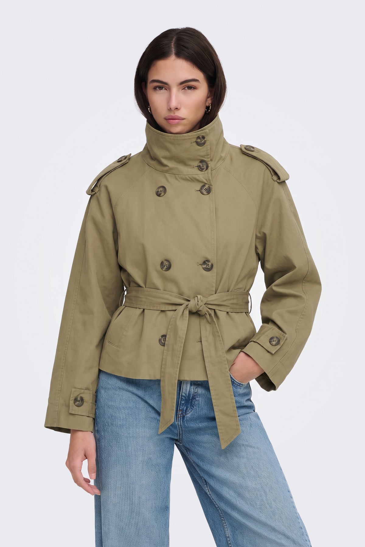 Khaki Trench Jacket Short Belted Olive on model, front view