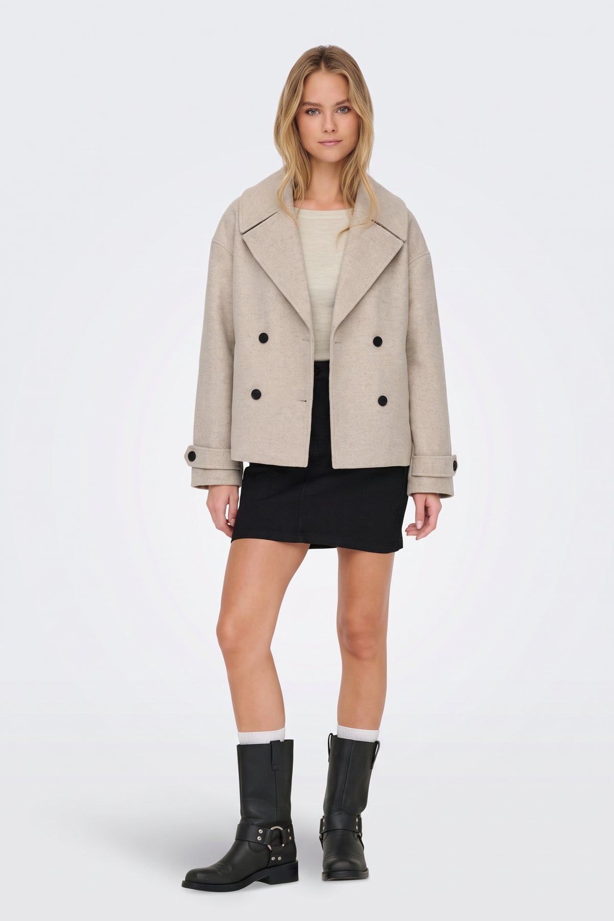Beige Wool Coat Short Double Breasted Women