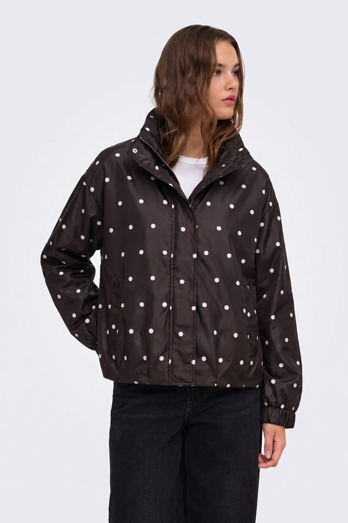 Brown Jacket Polka Dot Funnel Neck on model, front view