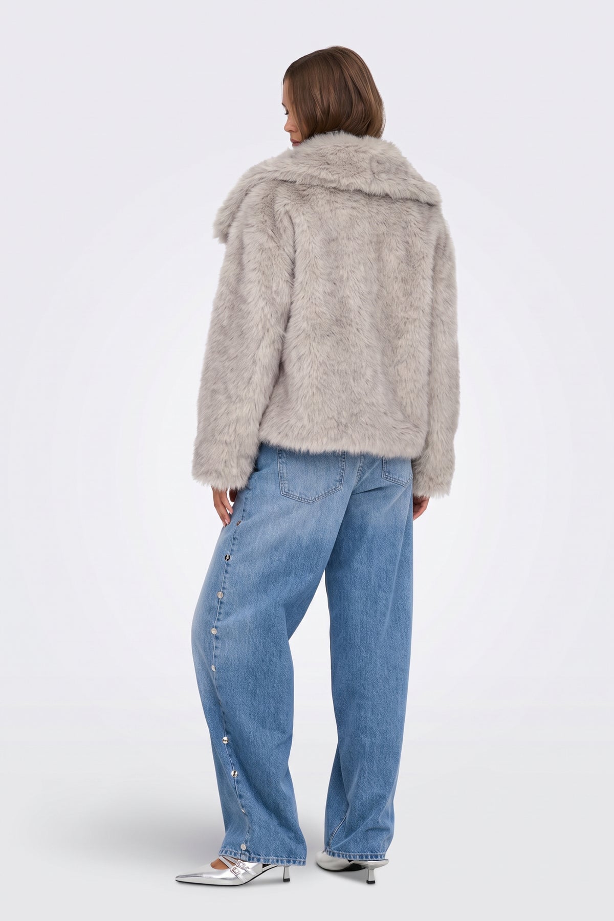 Faux Fur Jacket Grey Cropped Oversized Women
