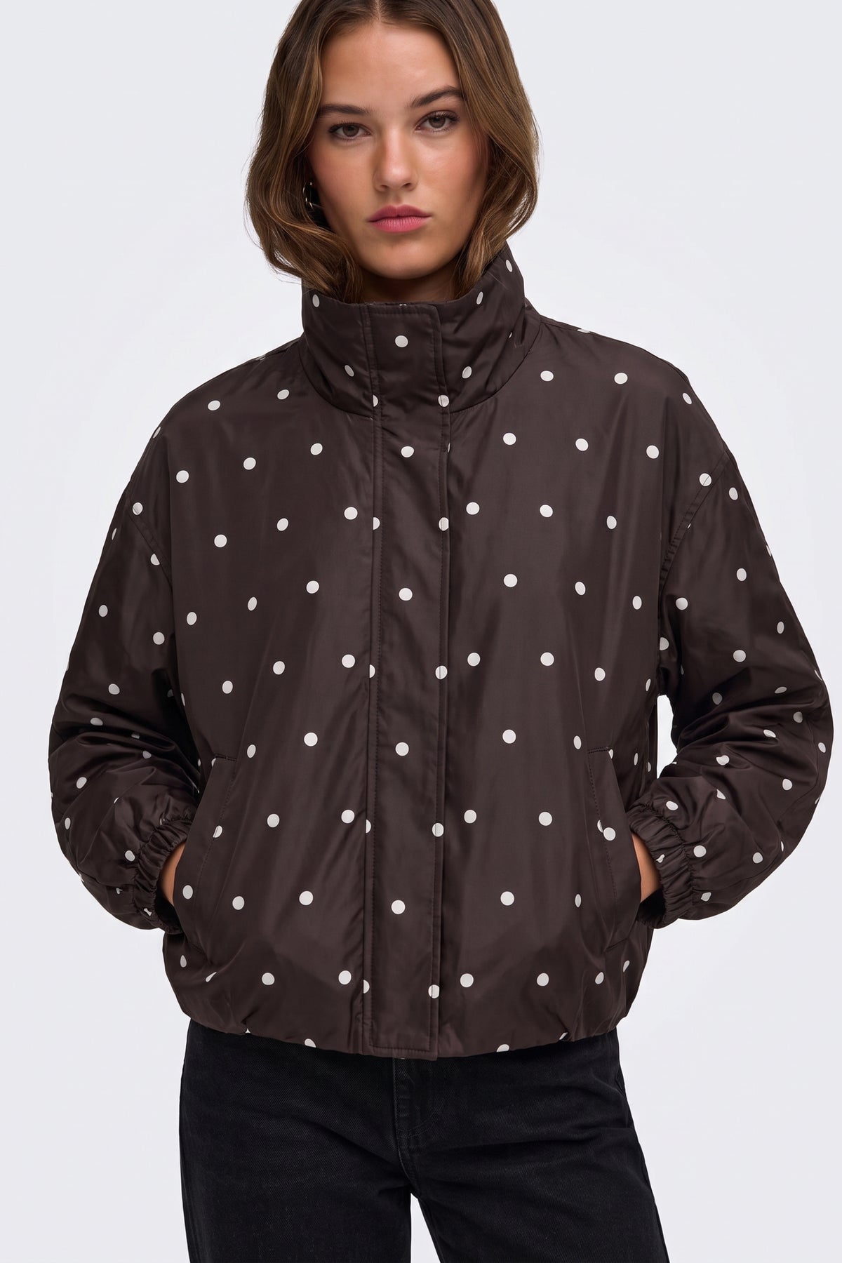 Brown Jacket Polka Dot Funnel Neck full length on model
