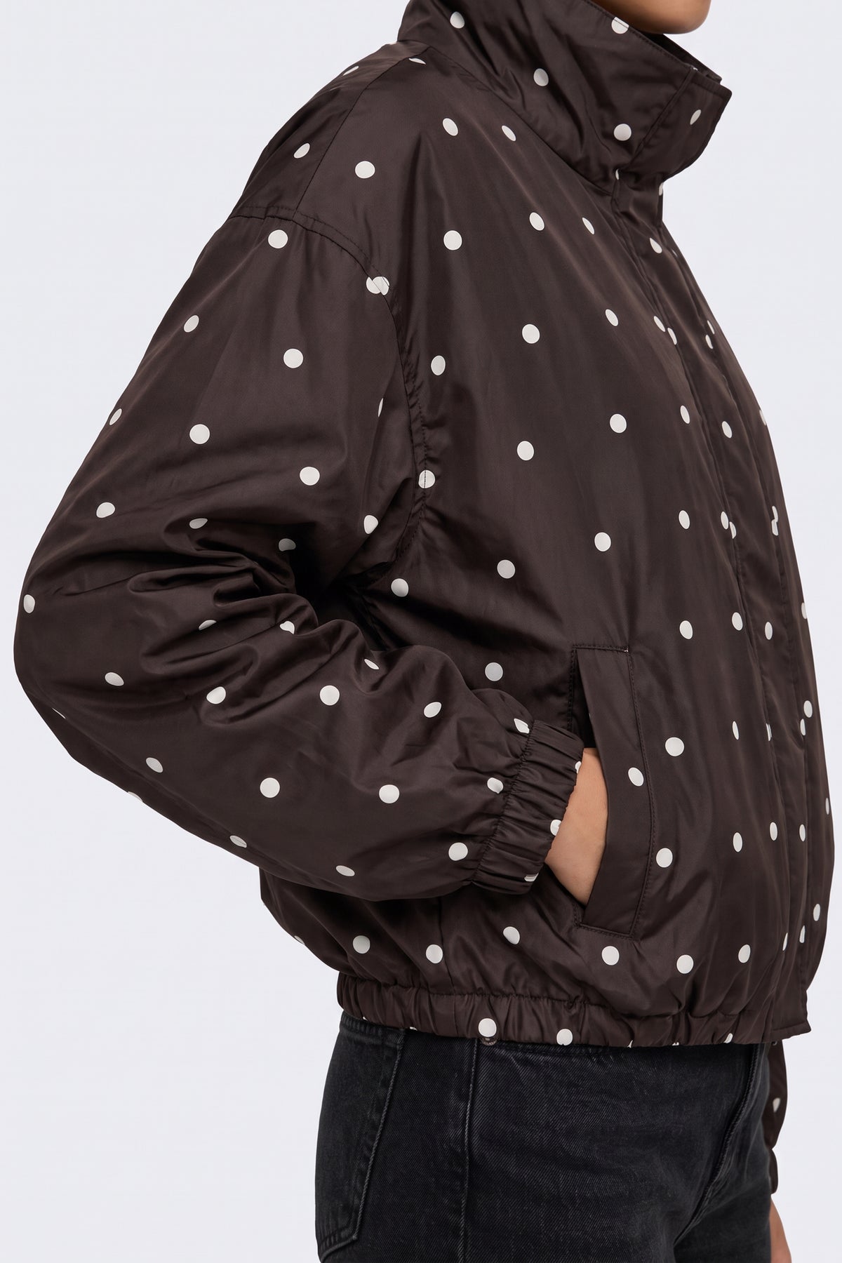 Brown Jacket Polka Dot Funnel Neck fabric and fastening detail