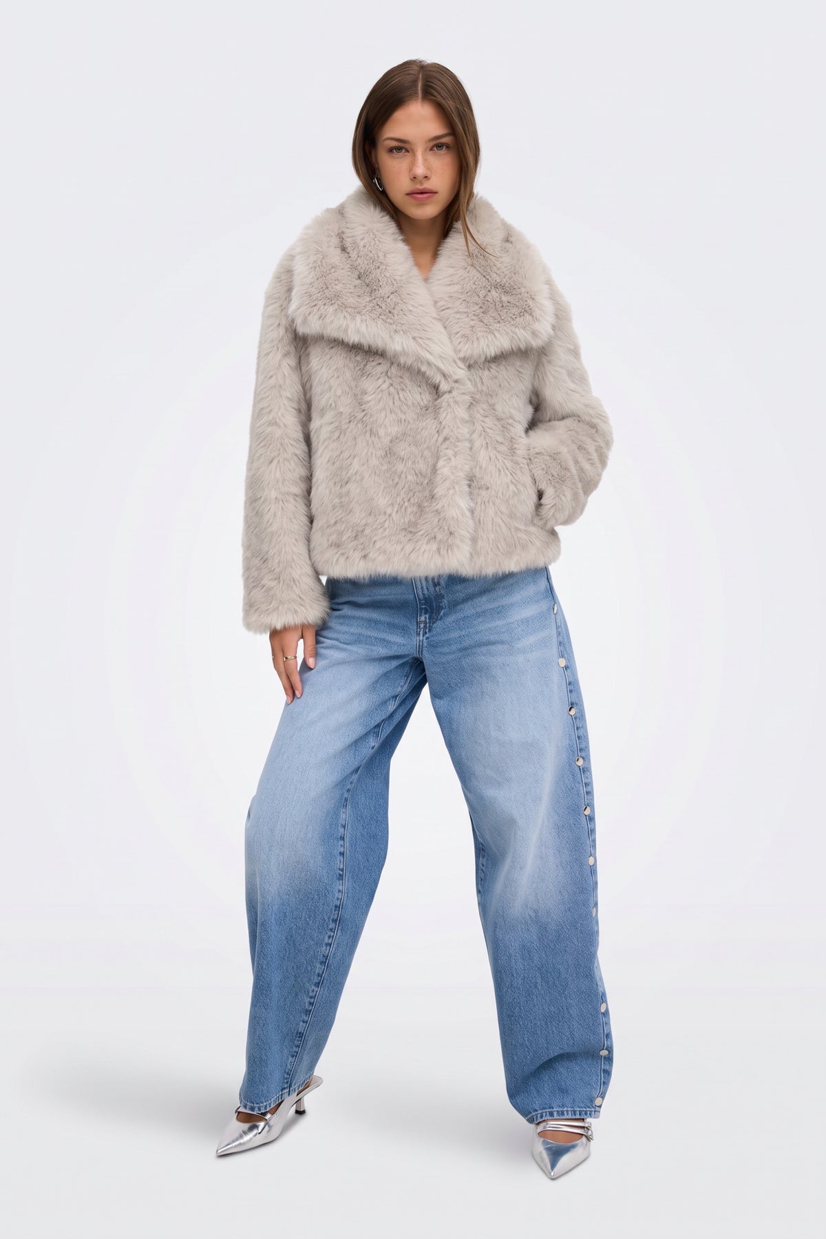 Faux Fur Jacket Grey Cropped Oversized Women